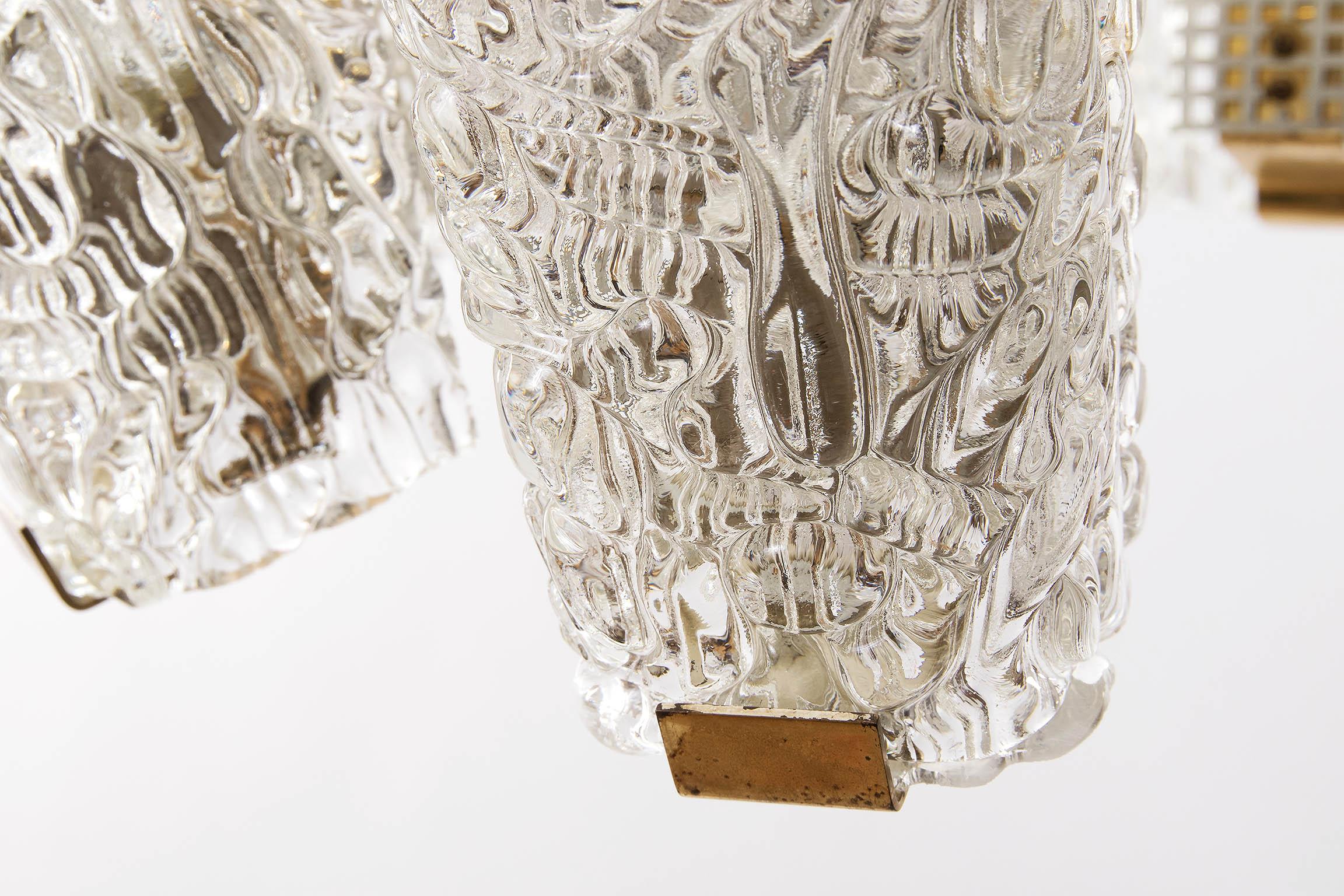 Large Kalmar Chandelier, Brass and Textured Glass, 1950s For Sale 7