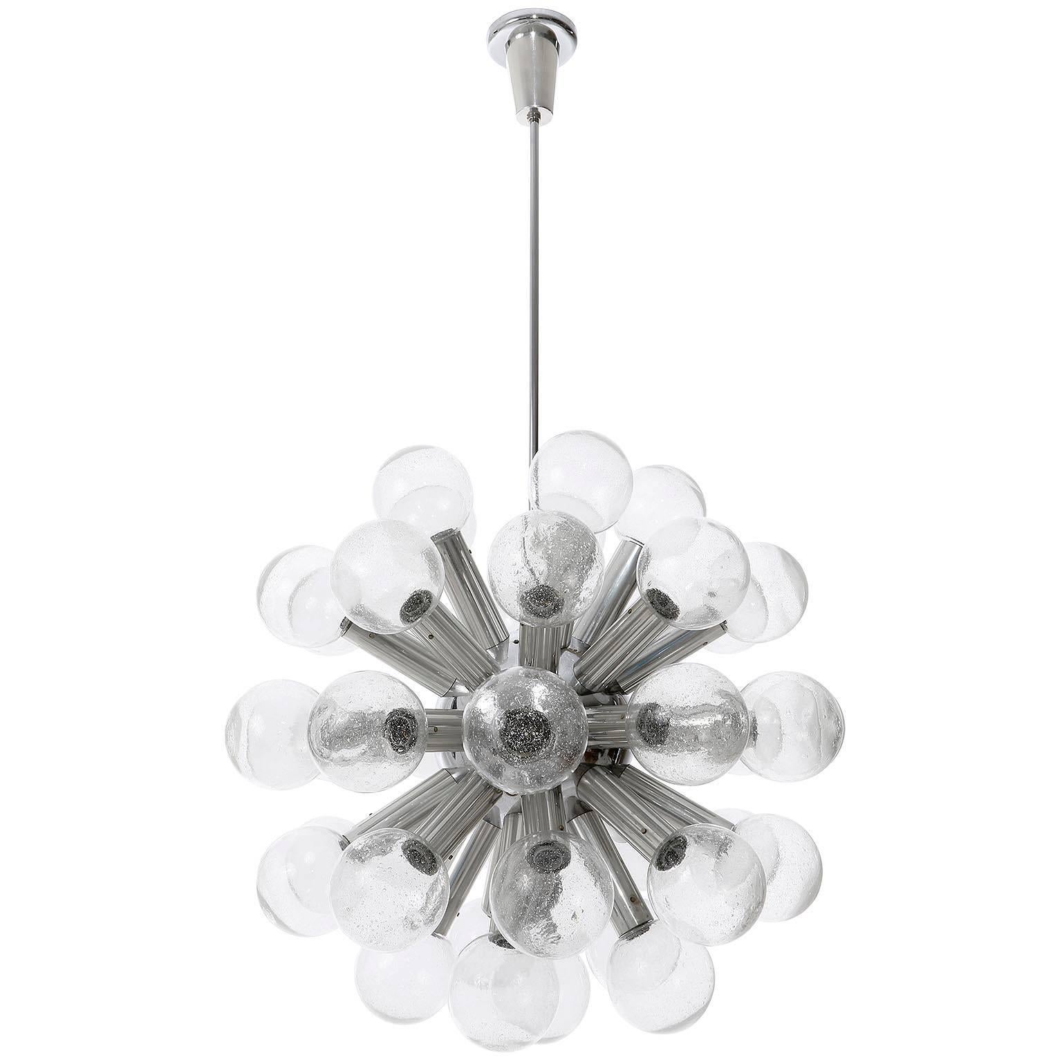 Mid-Century Modern Large Kalmar Chandelier Pendant Light Sputnik Atomic 43-Arms Glass Aluminum 1970 For Sale