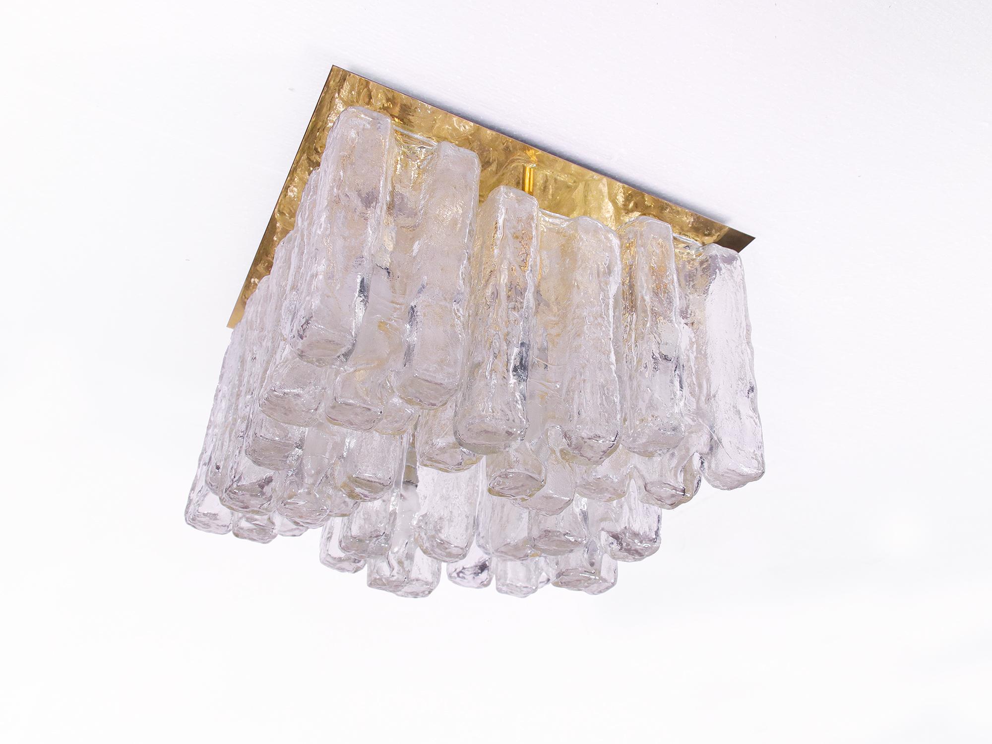 Mid-Century Modern 1960 Austria Kalmar 'Granada' Flush Mount Chandelier Iced Glass & Brass For Sale