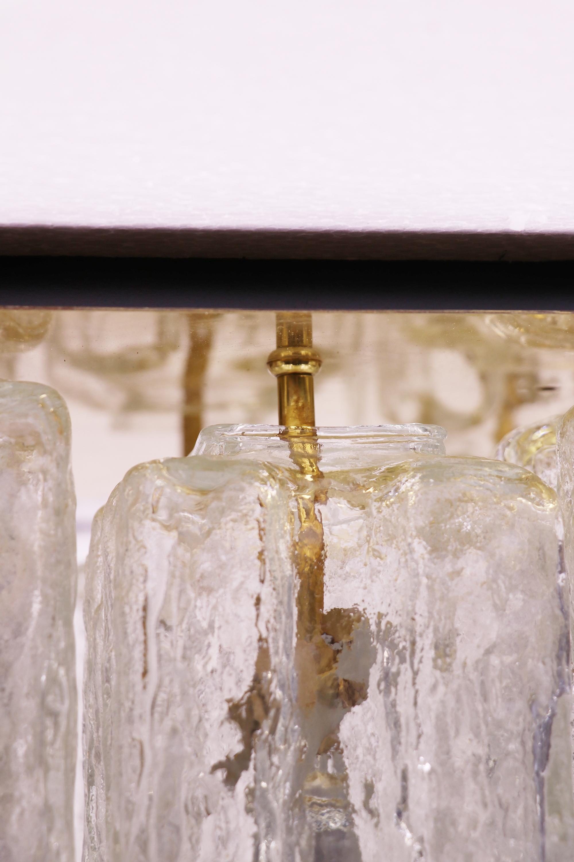 Hand-Crafted 1960 Austria Kalmar 'Granada' Flush Mount Chandelier Iced Glass & Brass For Sale