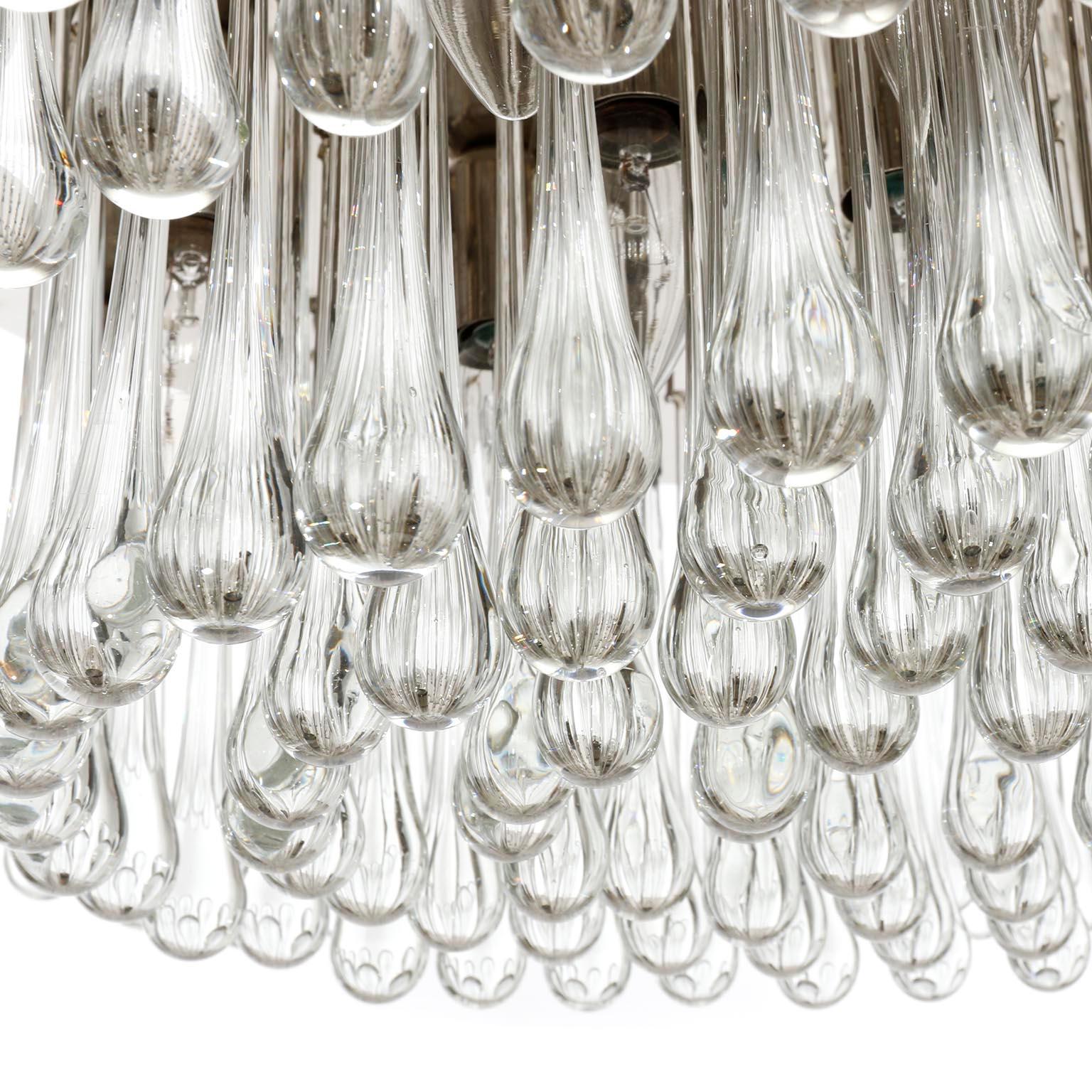 Stainless Steel Large Kalmar Glass Flush Mount Light Fixture 'Drops', 1970s