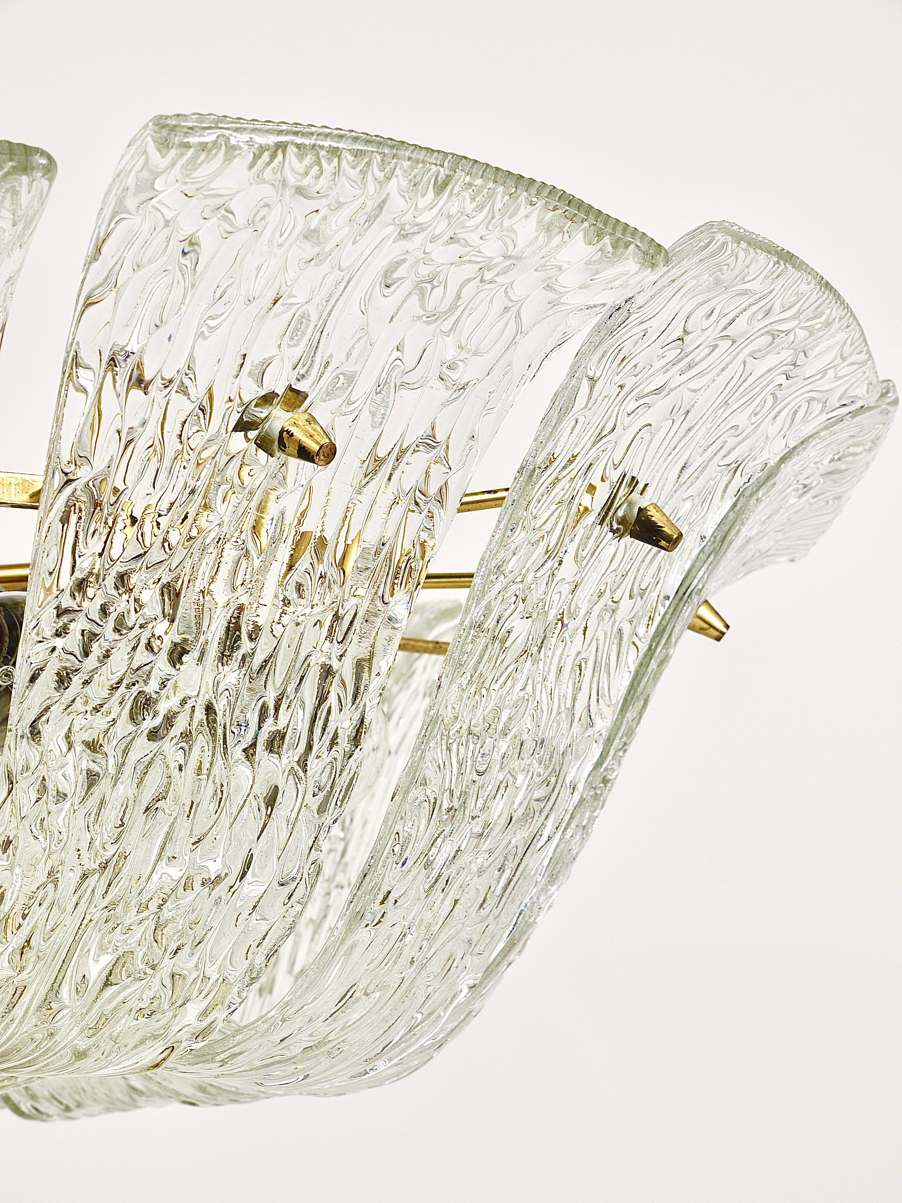 Large Kalmar Midcentury Curved Basket Chandelier, Brass & Textured Glass, 1950s 8