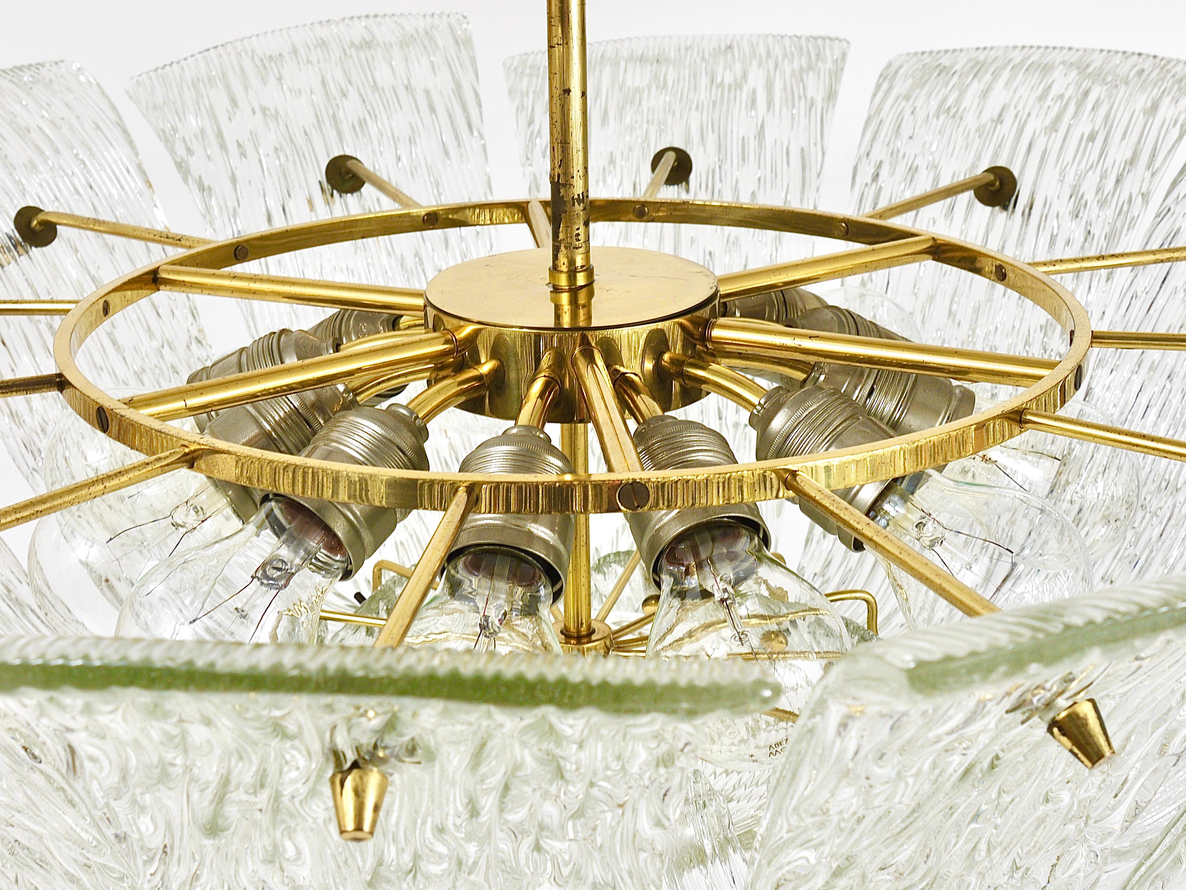 Large Kalmar Midcentury Curved Basket Chandelier, Brass & Textured Glass, 1950s 10