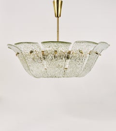 Large Kalmar Midcentury Curved Basket Chandelier, Brass & Textured Glass, 1950s