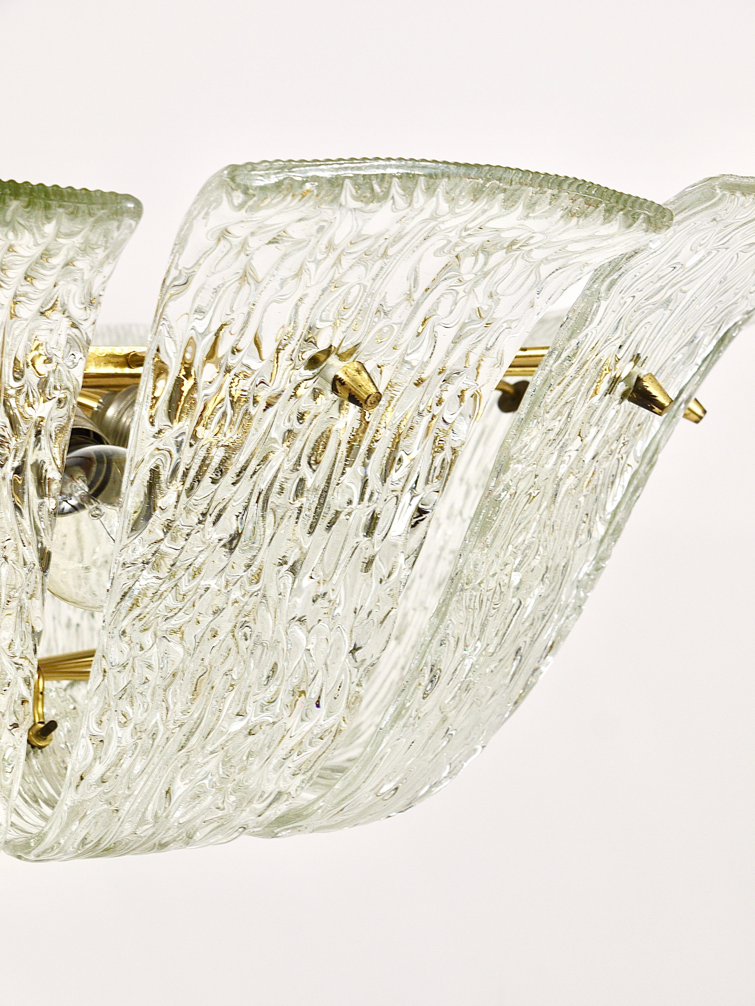 Large Kalmar Midcentury Curved Basket Chandelier, Brass & Textured Glass, 1950s 13