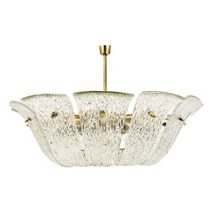 Large Kalmar Midcentury Curved Basket Chandelier, Brass & Textured Glass, 1950s