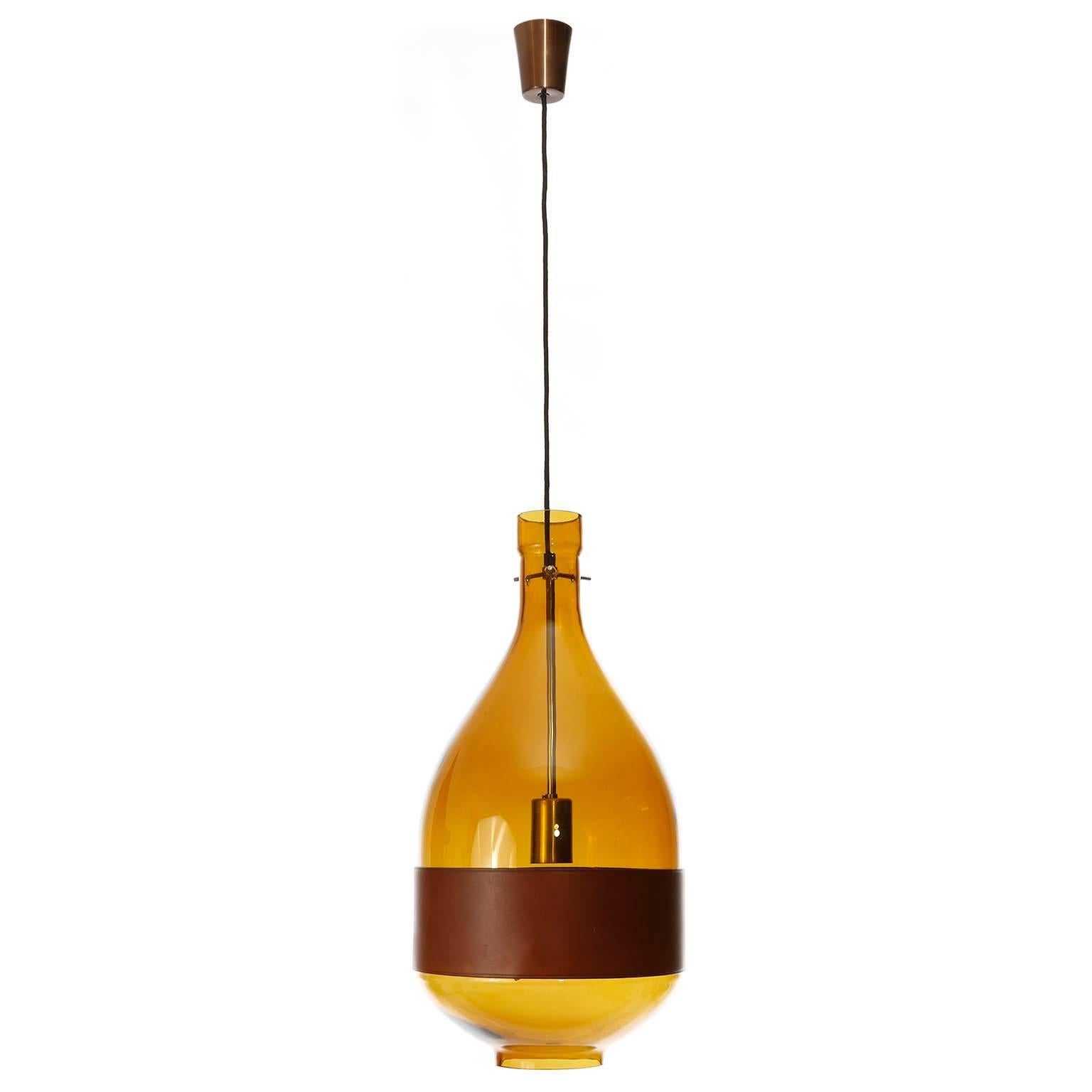 Austrian Large Kalmar Pendant Light, Amber Glass Leather, 1970