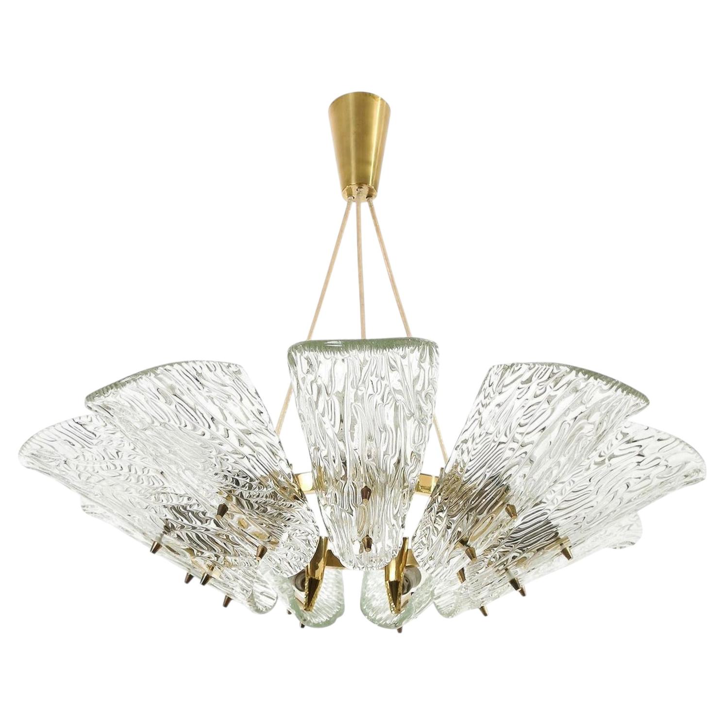 Large Kalmar Pendant Light Chandelier, Brass Textured Glass, Mid-Century, 1960s