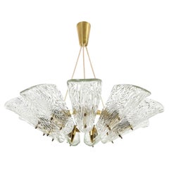 Large Kalmar Pendant Light Chandelier, Brass Textured Glass, Mid-Century, 1960s