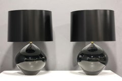 Large Karl Springer Style Black Ceramic Bulbous Lamps
