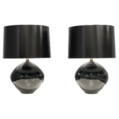 Large Karl Springer Style Black Ceramic Bulbous Lamps