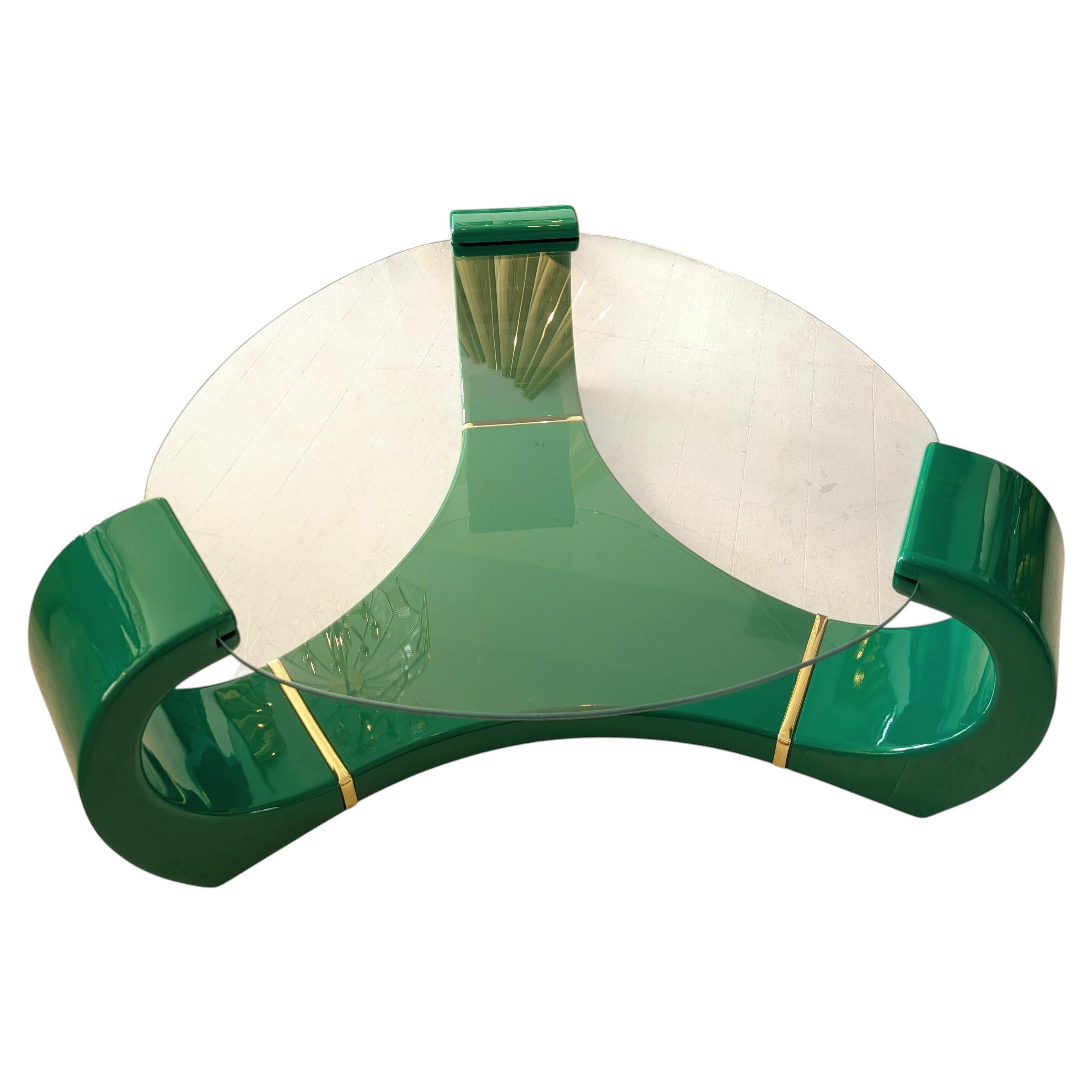 Large Karl Springer style postmodern green lacquer & gold coffee table USA 1980s For Sale