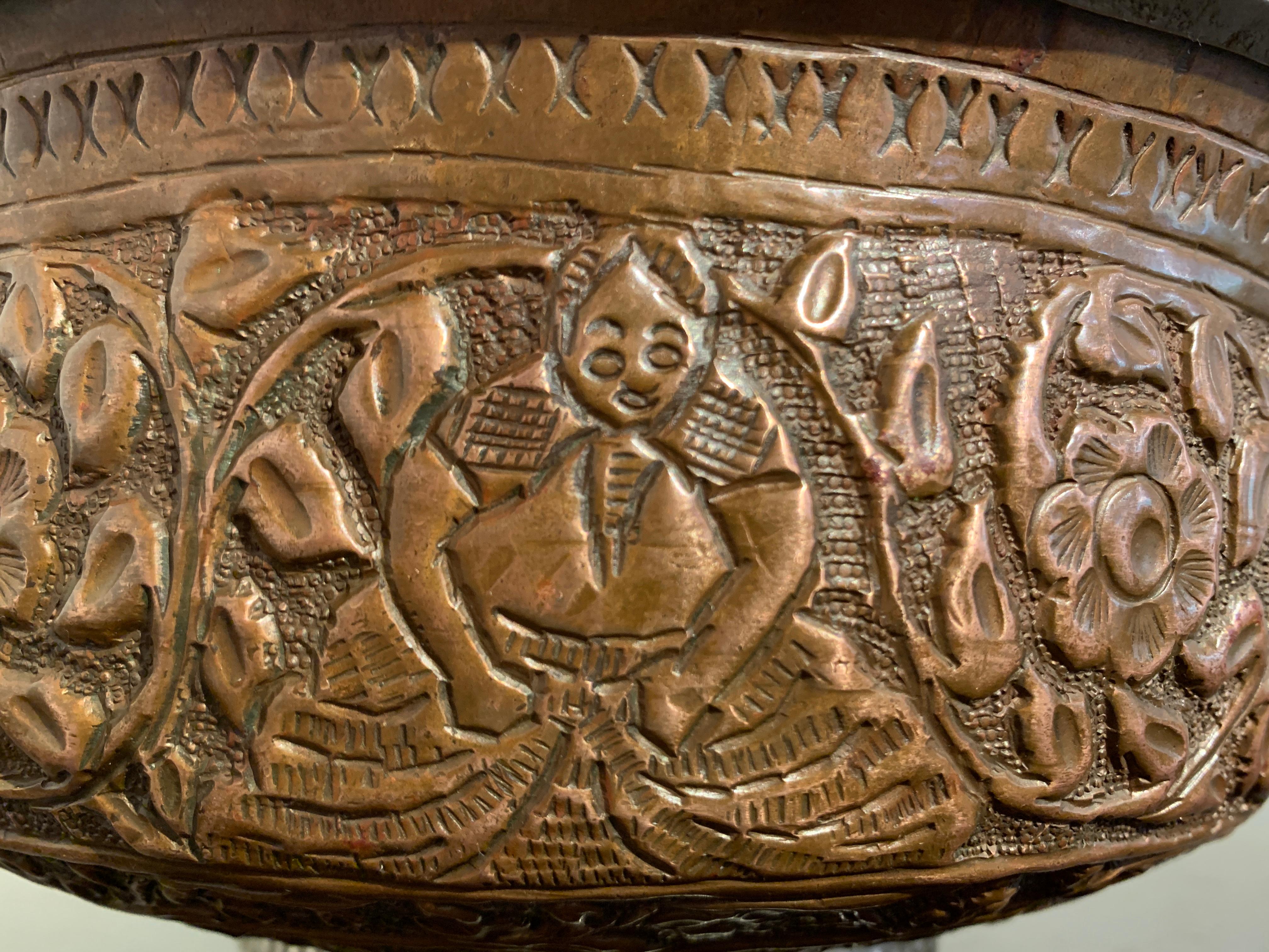 Large Kashmiri Copper Repousse Footed Bowl, Early 20th Century 2