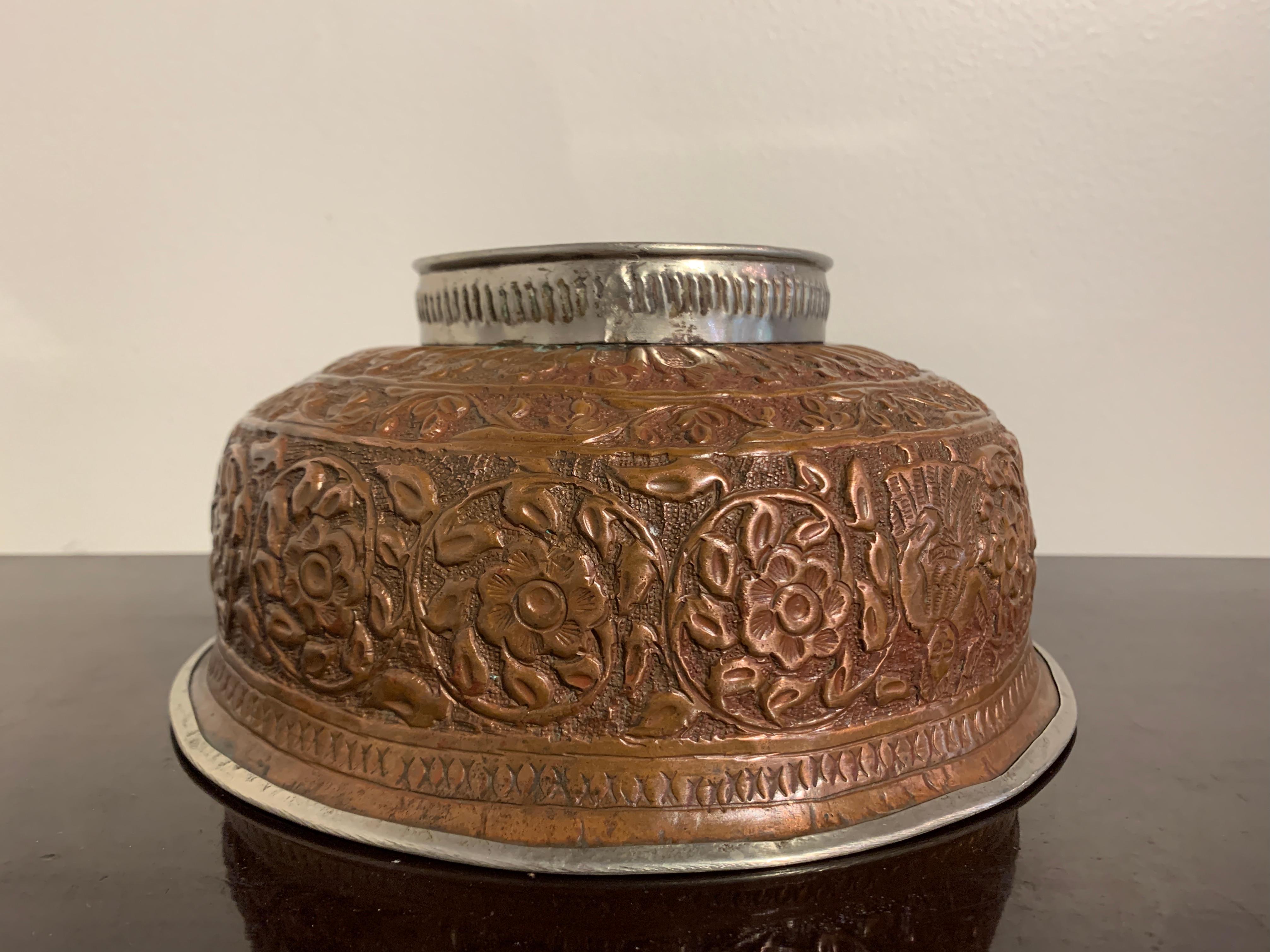 Indian Large Kashmiri Copper Repousse Footed Bowl, Early 20th Century