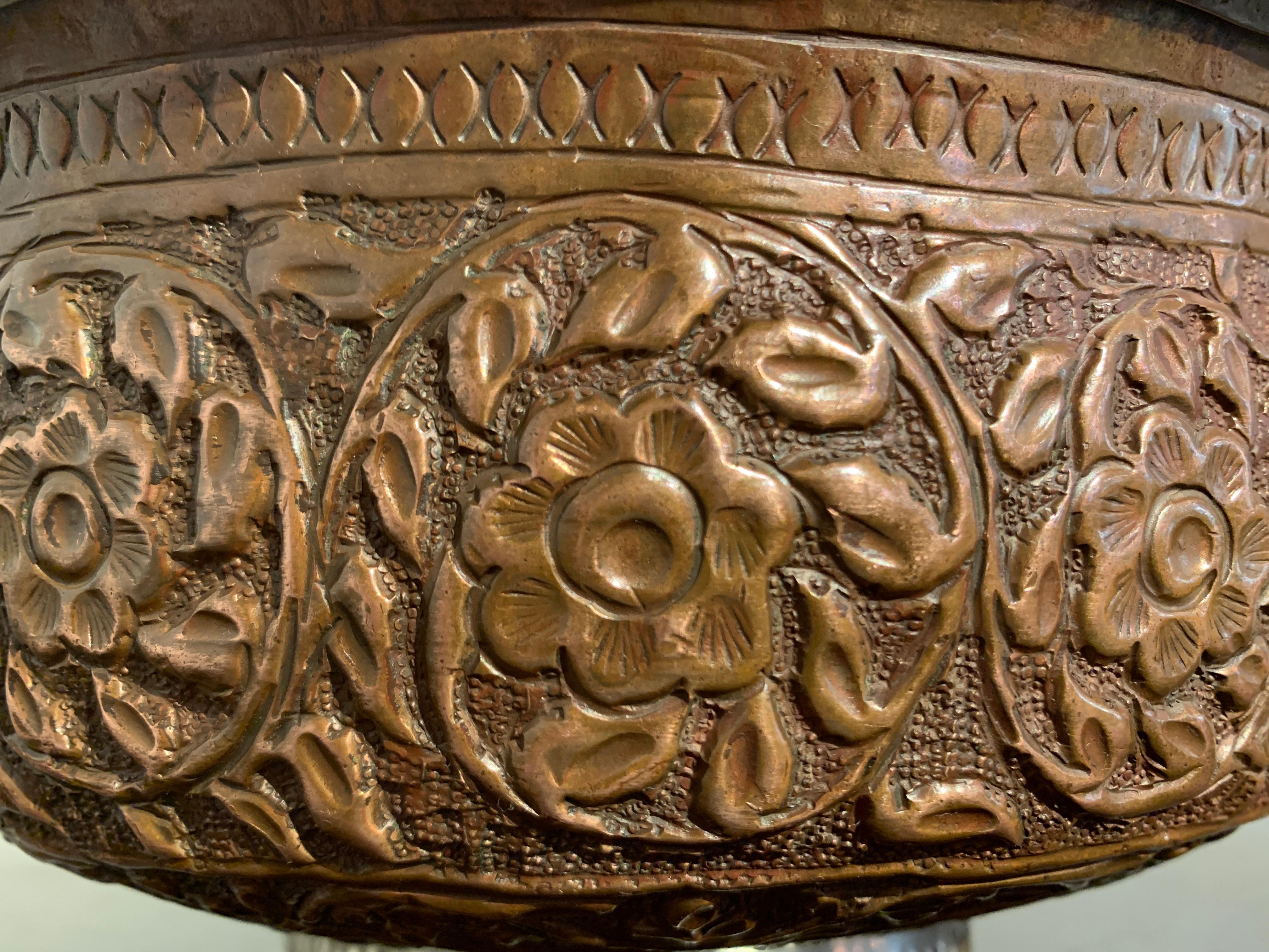 Large Kashmiri Copper Repousse Footed Bowl, Early 20th Century 1