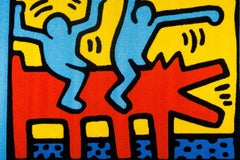 Large after Keith Haring Rug, Blue, Red, Yellow, Dancing Figures, Dog