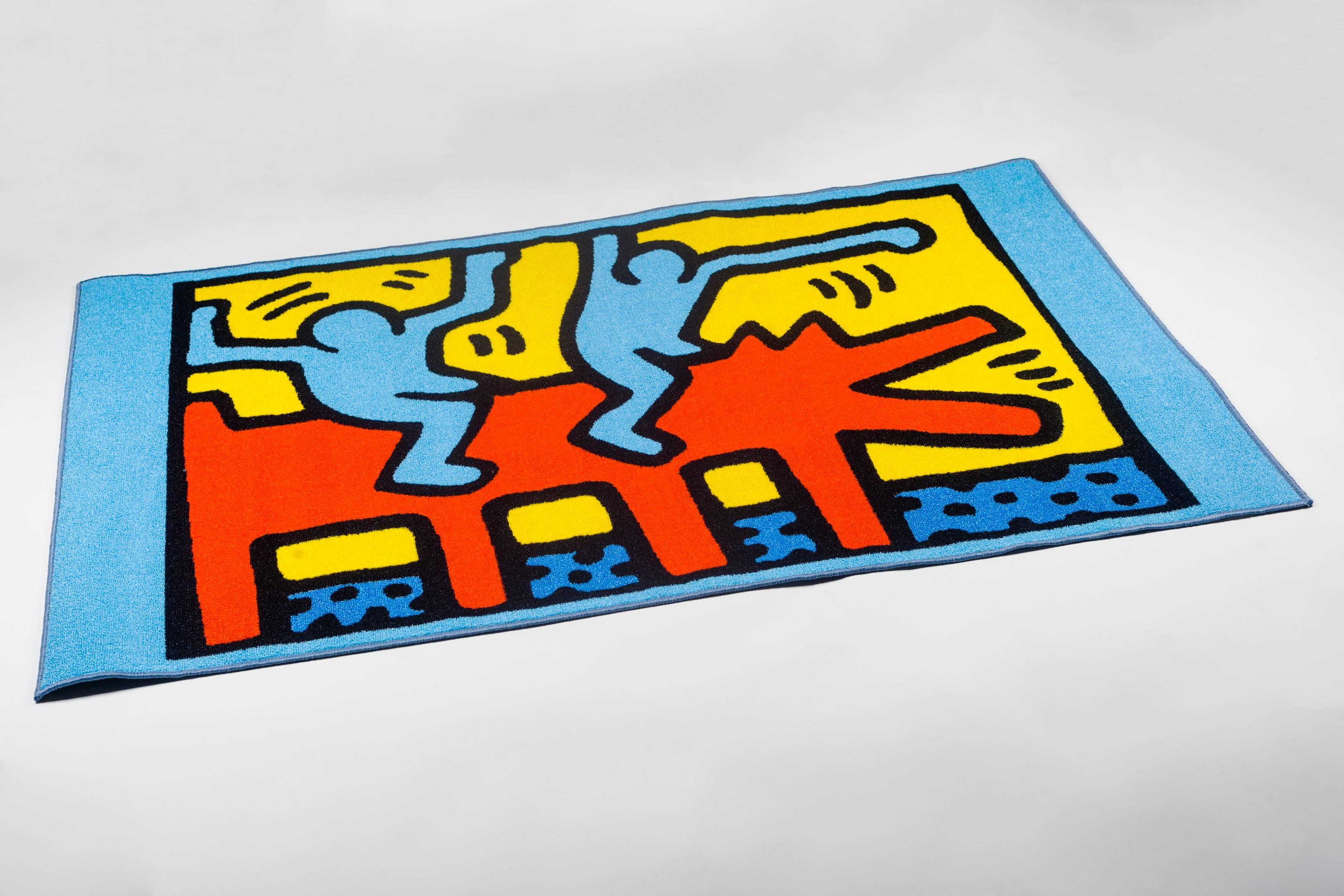 Post-Modern Large after Keith Haring Rug, Blue, Red, Yellow, Dancing Figures, Dog For Sale