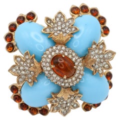 Large Kenneth Jay Lane KJL Simulated Turquoise and Amber Brooch c. 1970s
