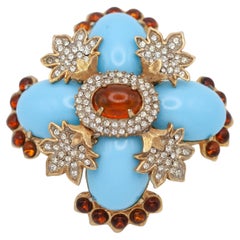 Large Kenneth Jay Lane KJL Simulated Turquoise and Amber Brooch c. 1970s