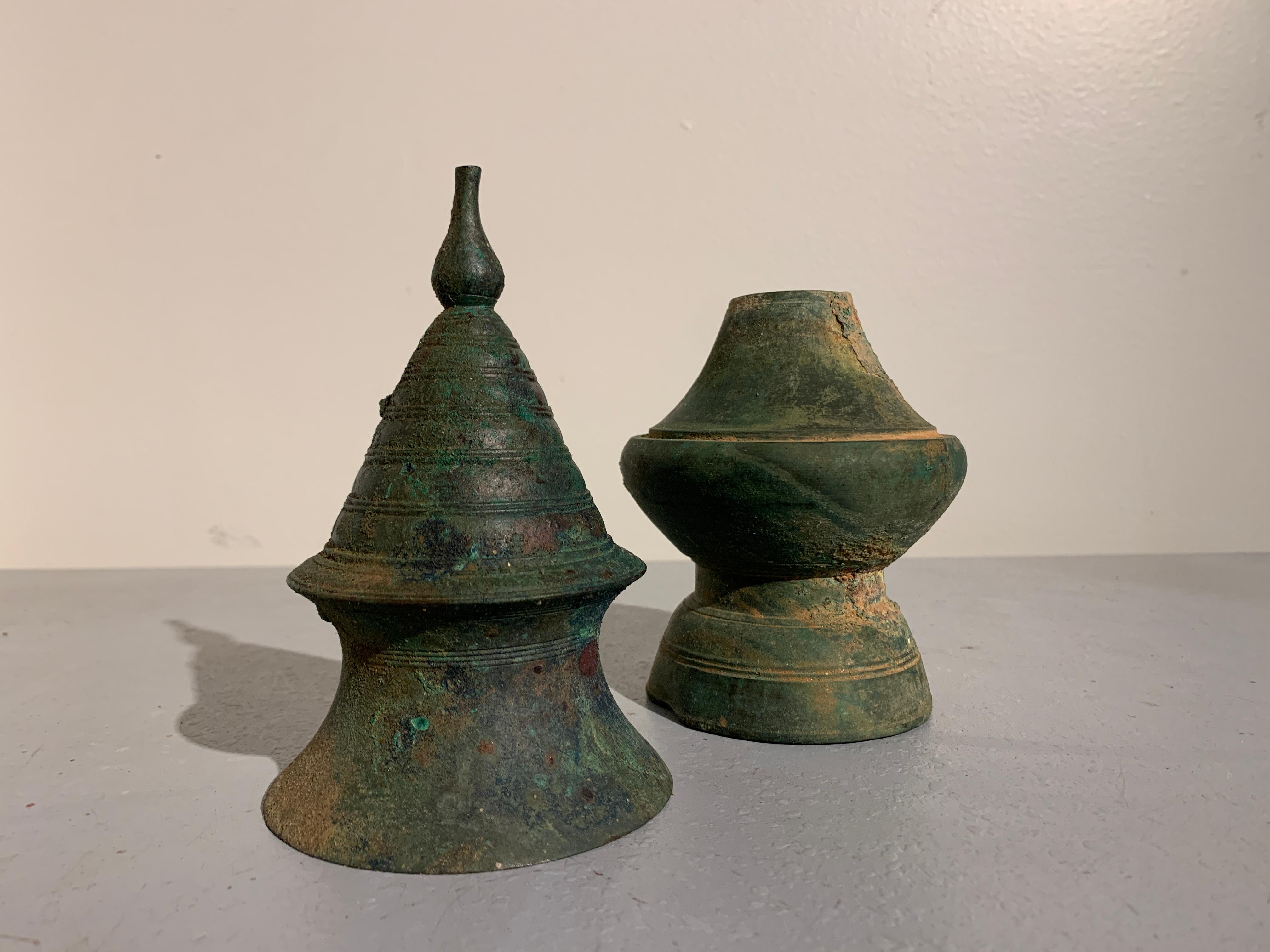 Cambodian Large Khmer Bronze Stupa-Form Lime Pot, Angkor Period, 12th-14th Century