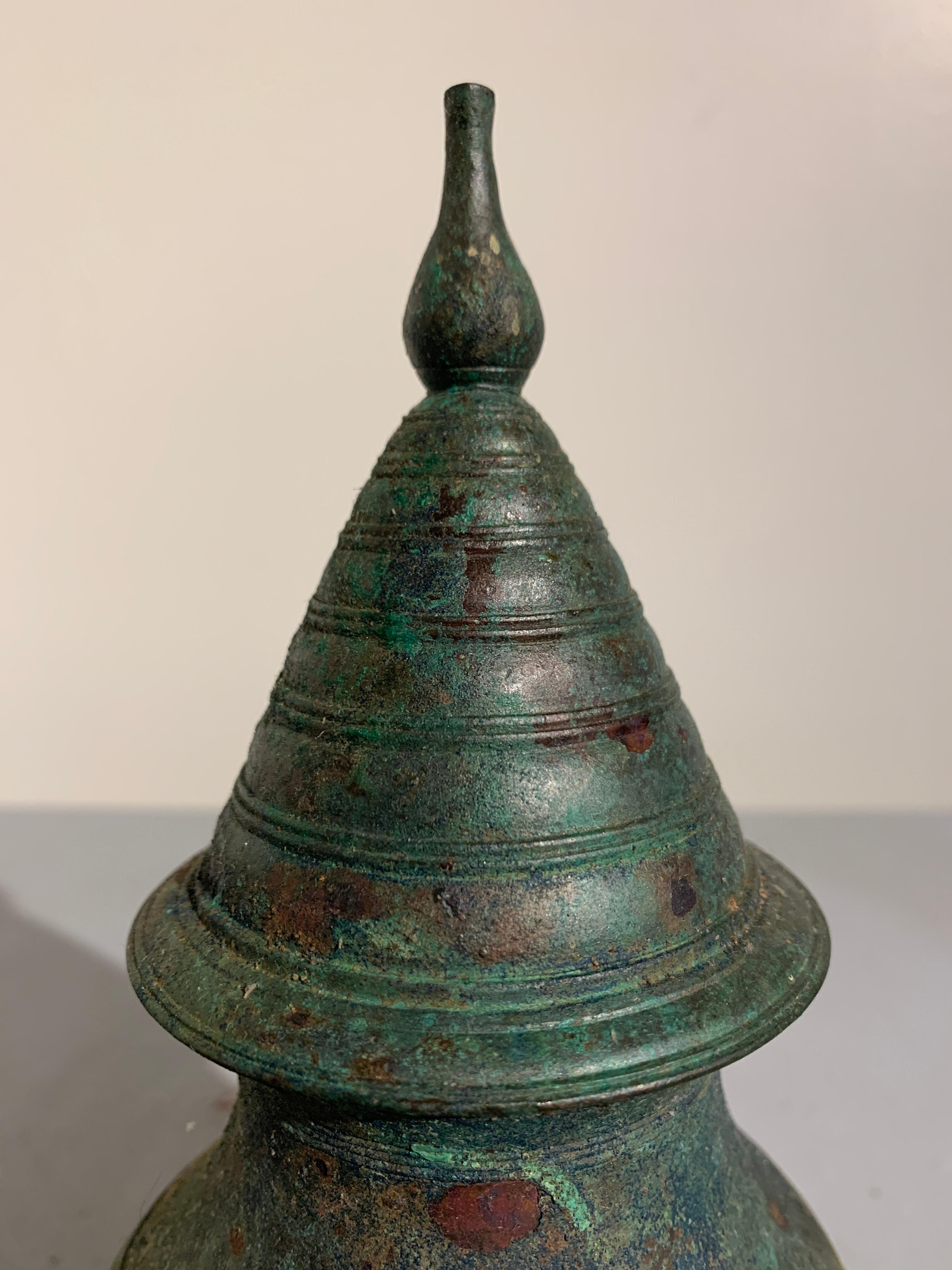 18th Century and Earlier Large Khmer Bronze Stupa-Form Lime Pot, Angkor Period, 12th-14th Century