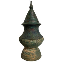 Large Khmer Bronze Stupa-Form Lime Pot, Angkor Period, 12th-14th Century