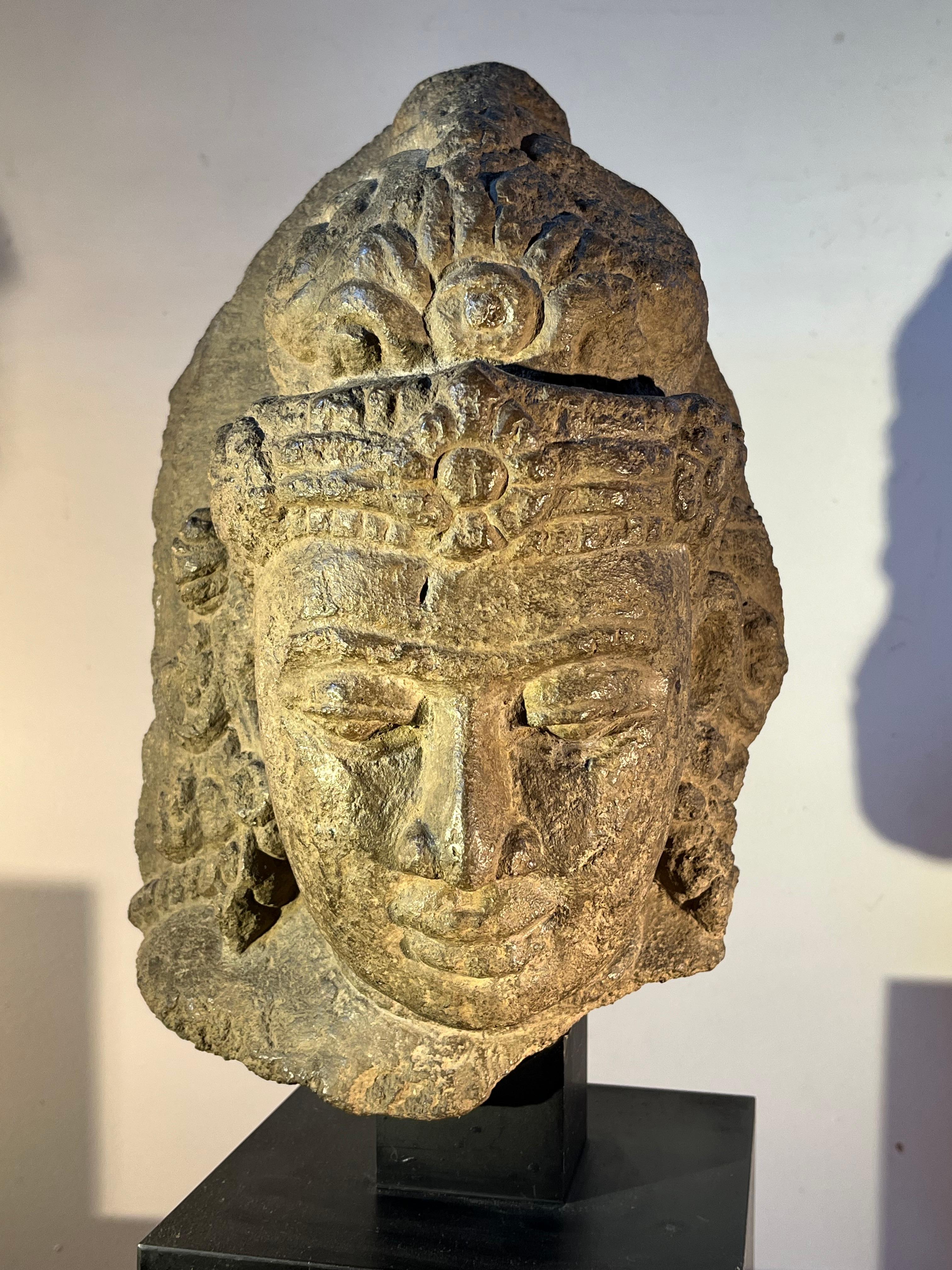An early carved stone Khmer Buddha head from the Angkor period of Cambodia, 13th century or earlier, likely an architectural ornament, now mounted on a custom stand. The head measures 14” high without the stand. 