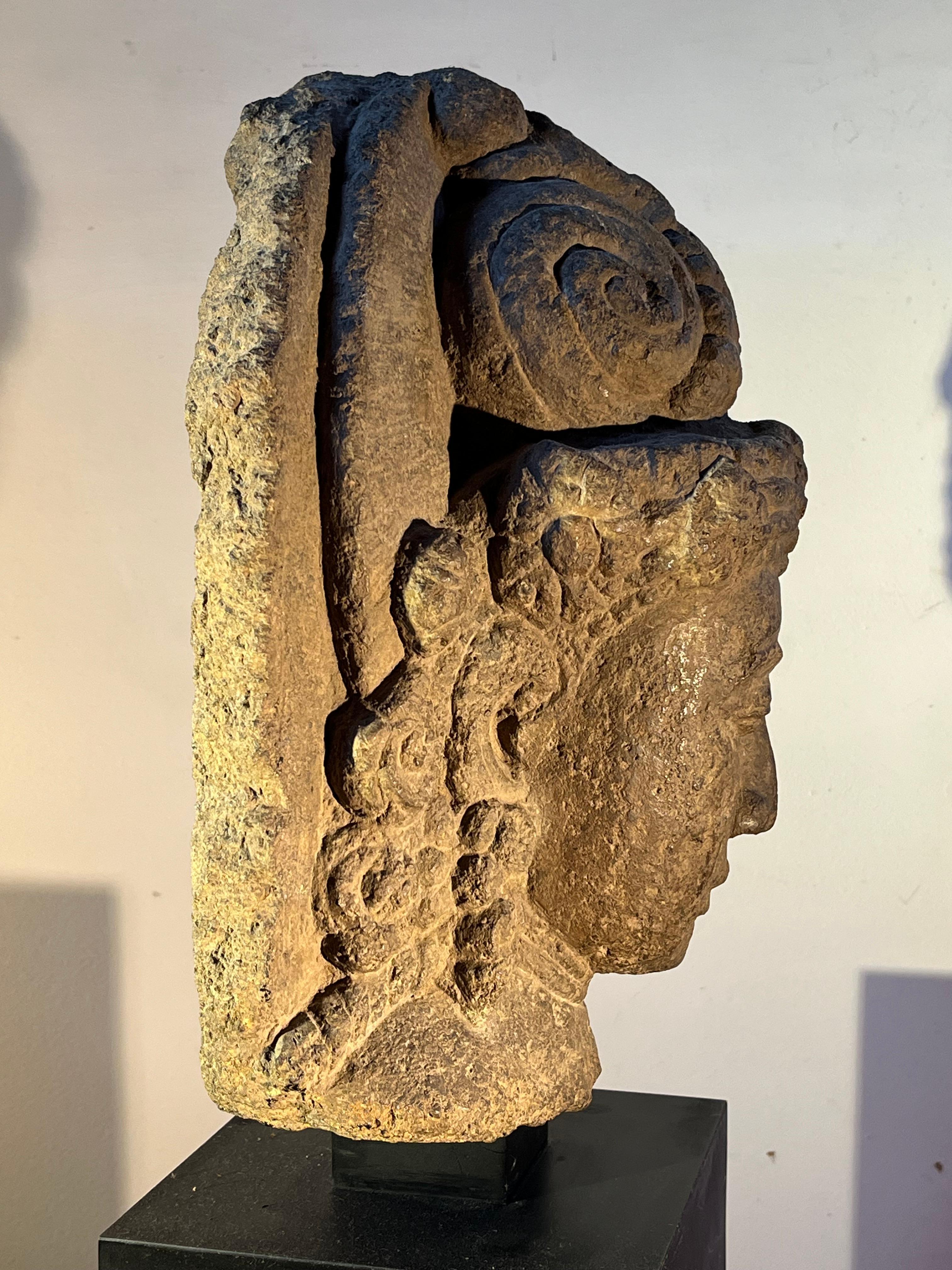 Hand-Carved Large Khmer Buddha Head In Stone, Angkor Period