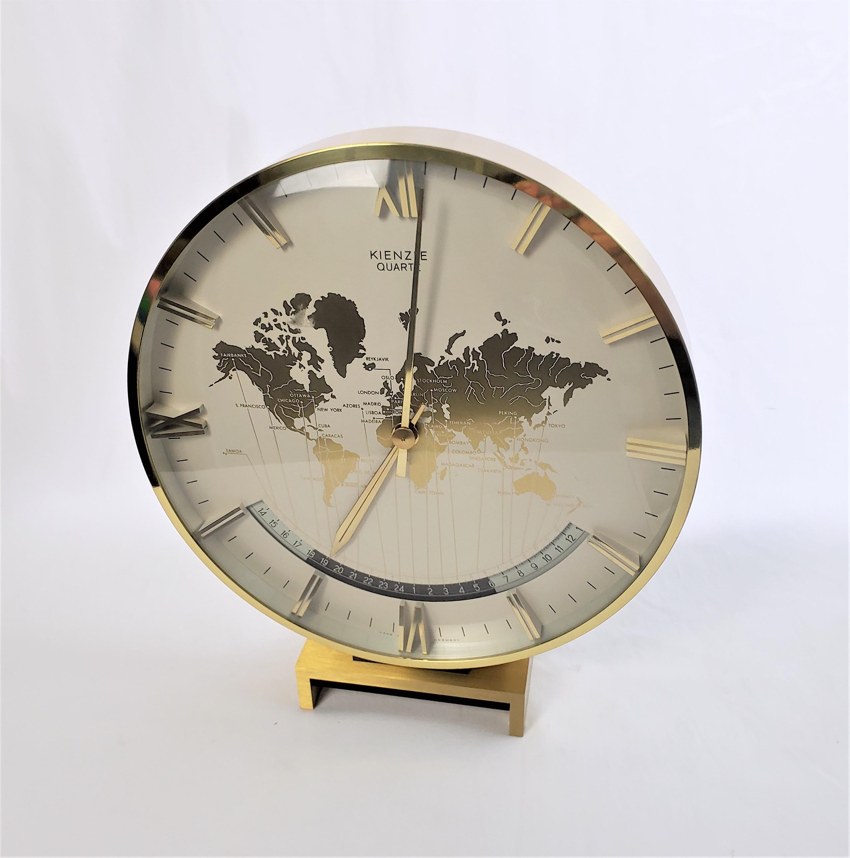Mid-Century Modern Large Kienzle Mid-Century GMT Heavy Brass World Time Zone Table Clock & Manual For Sale