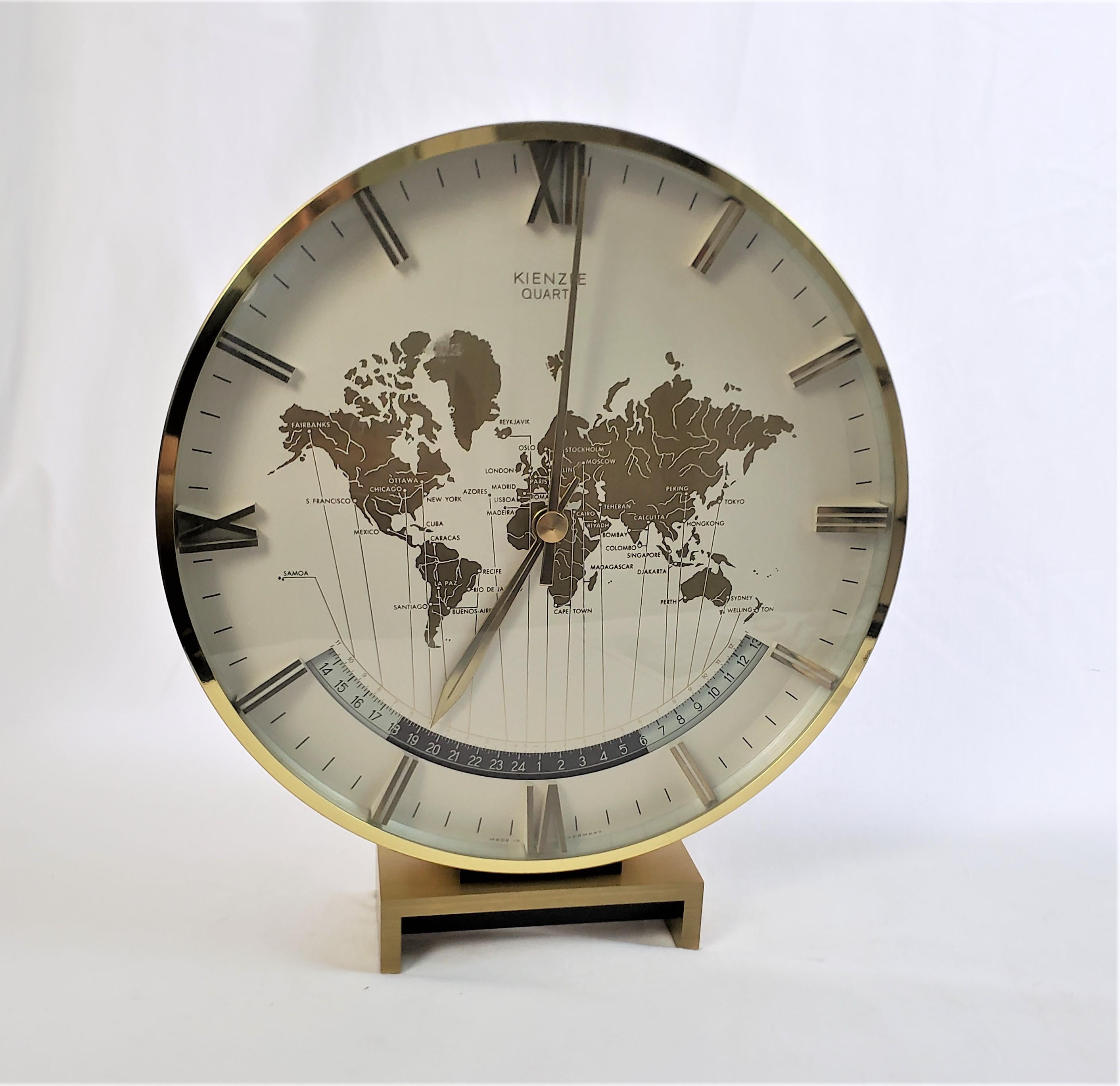 German Large Kienzle Mid-Century GMT Heavy Brass World Time Zone Table Clock & Manual For Sale