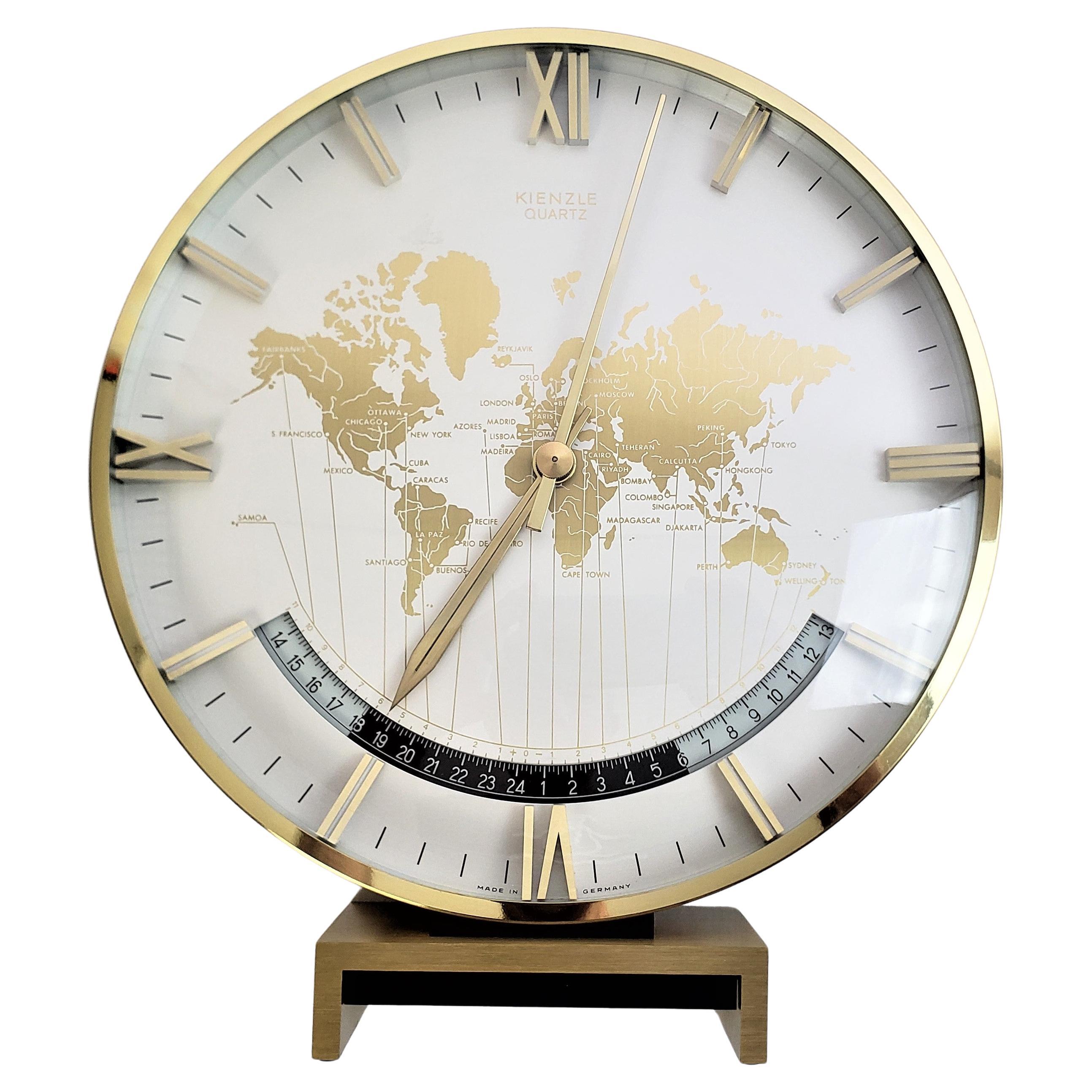Large Kienzle Mid-Century GMT Heavy Brass World Time Zone Table Clock & Manual For Sale