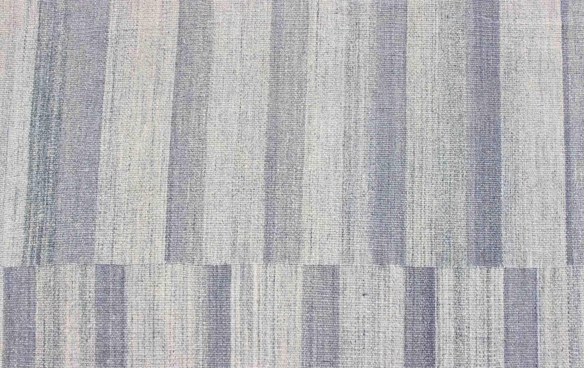 Large Kilim in Variegated gray, Silver, blue Strips with Modern Design For Sale 3