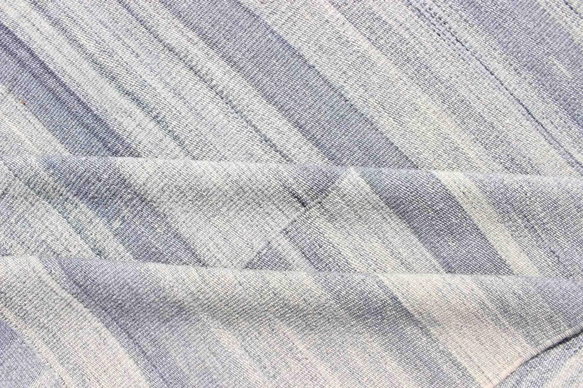 Large Kilim in Variegated gray, Silver, blue Strips with Modern Design For Sale 4