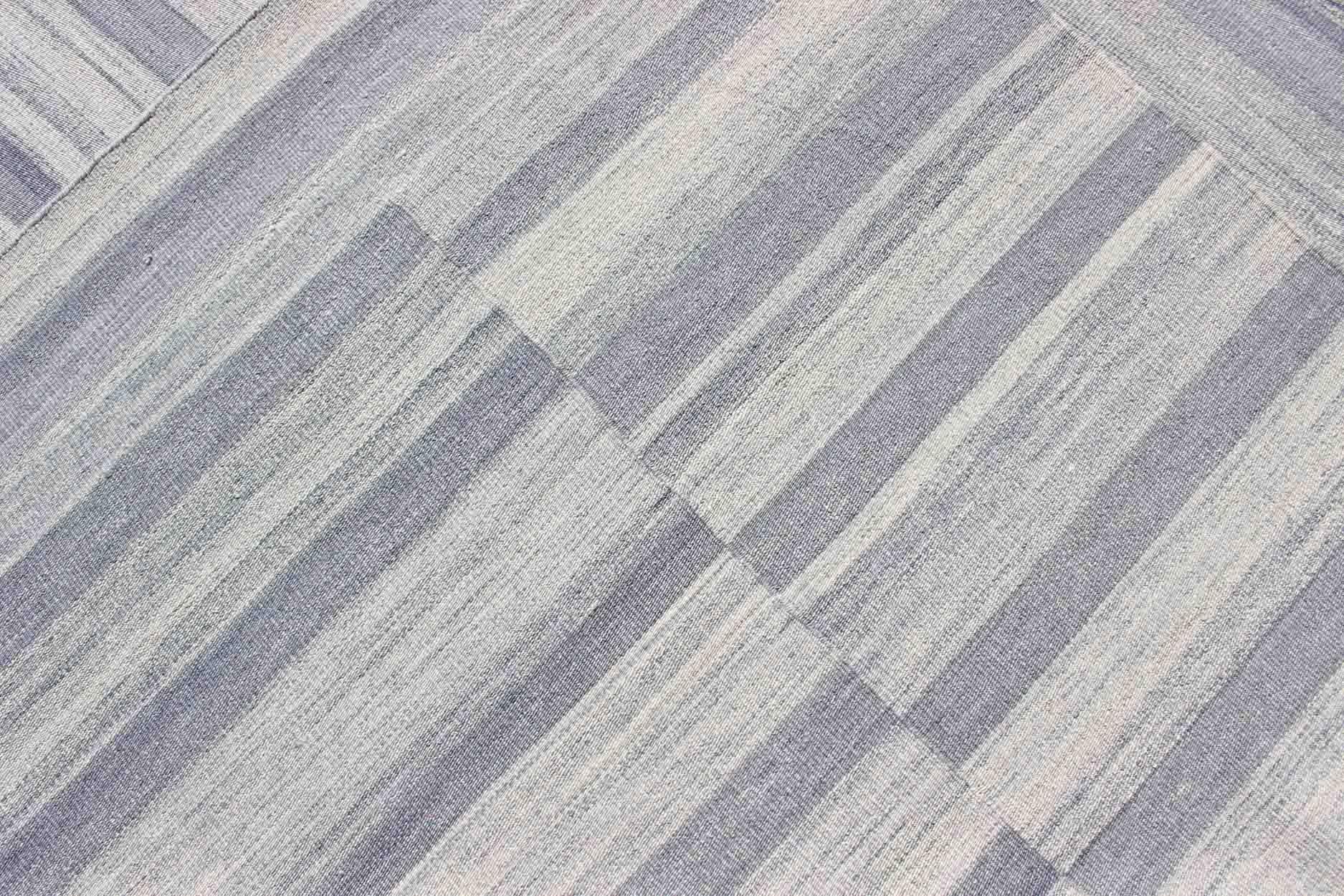 Large Kilim in Variegated gray, Silver, blue Strips with Modern Design For Sale 5