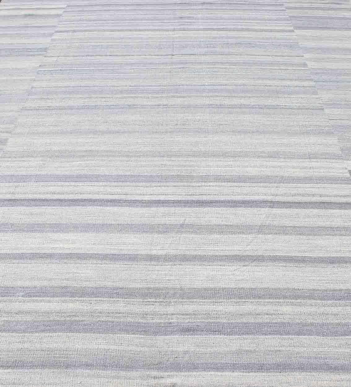 Wool Large Kilim in Variegated gray, Silver, blue Strips with Modern Design For Sale