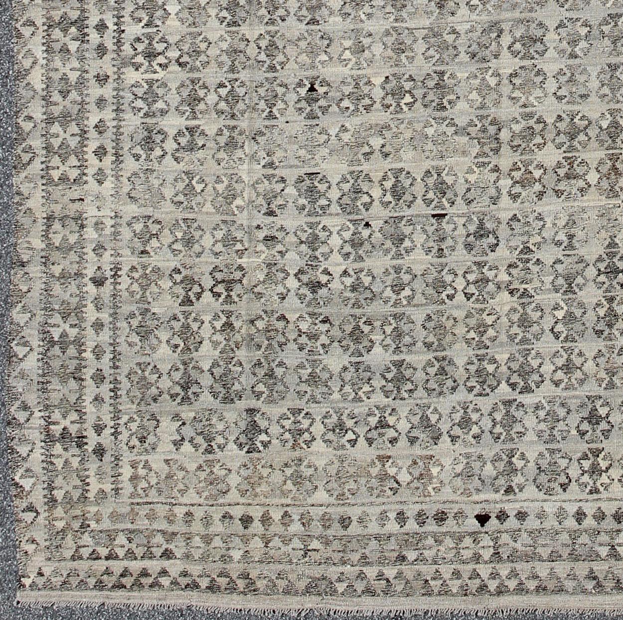 Afghan Large Kilim Rug in Shades of Gray, Silver, Silver Blue and Charcoal For Sale
