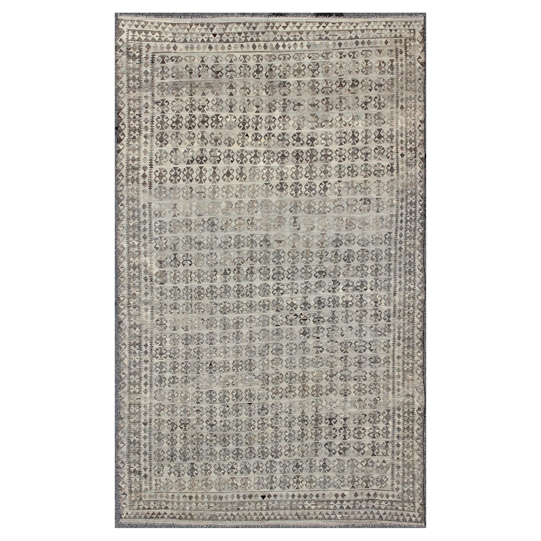 Large Kilim Rug in Shades of Gray, Silver, Silver Blue and Charcoal For Sale