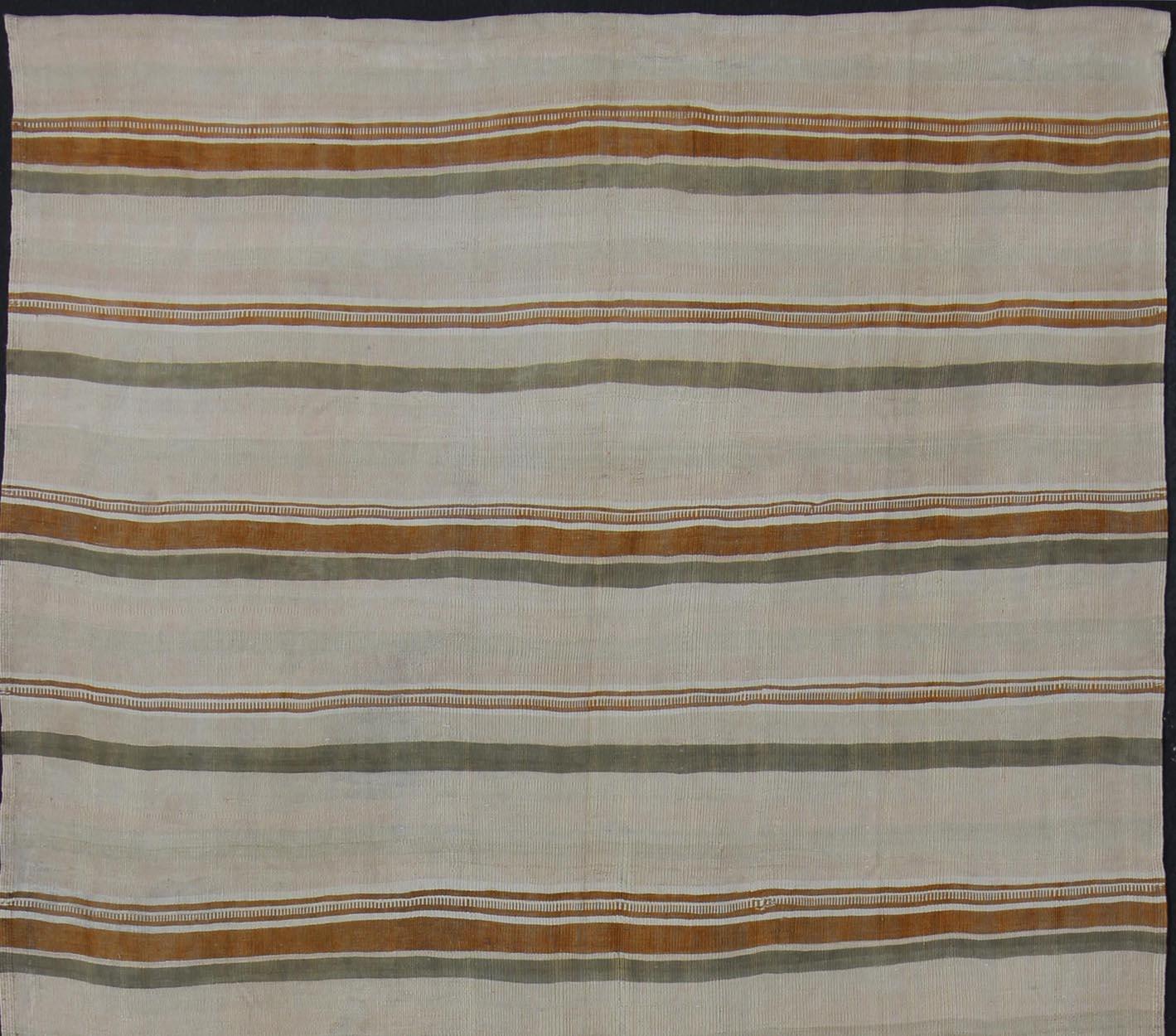 Hand-Woven Large Kilim Vintage Runner with Green-Gray and Orange in Stripe Design For Sale
