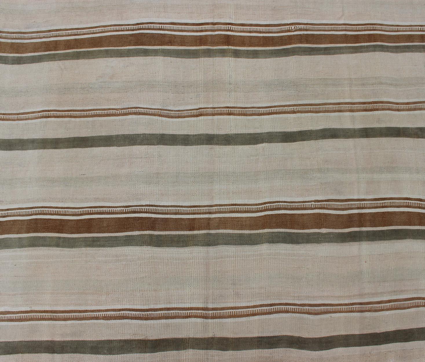 Mid-20th Century Large Kilim Vintage Runner with Green-Gray and Orange in Stripe Design For Sale