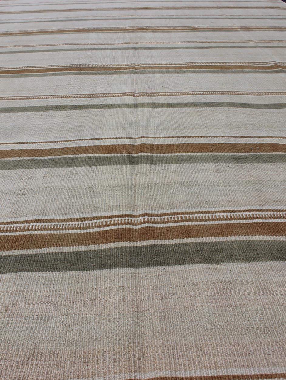 Large Kilim Vintage Runner with Green-Gray and Orange in Stripe Design For Sale 1