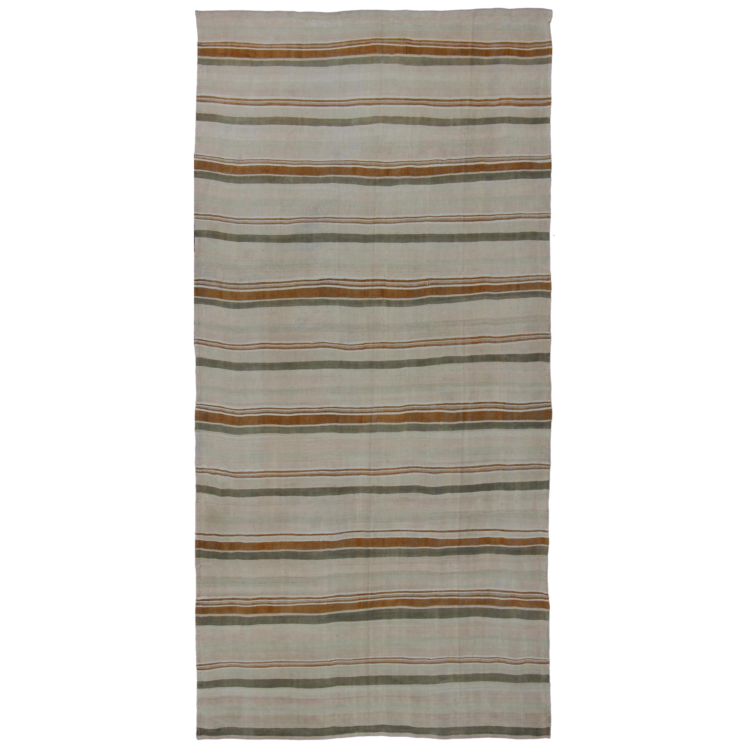 Large Kilim Vintage Runner with Green-Gray and Orange in Stripe Design For Sale