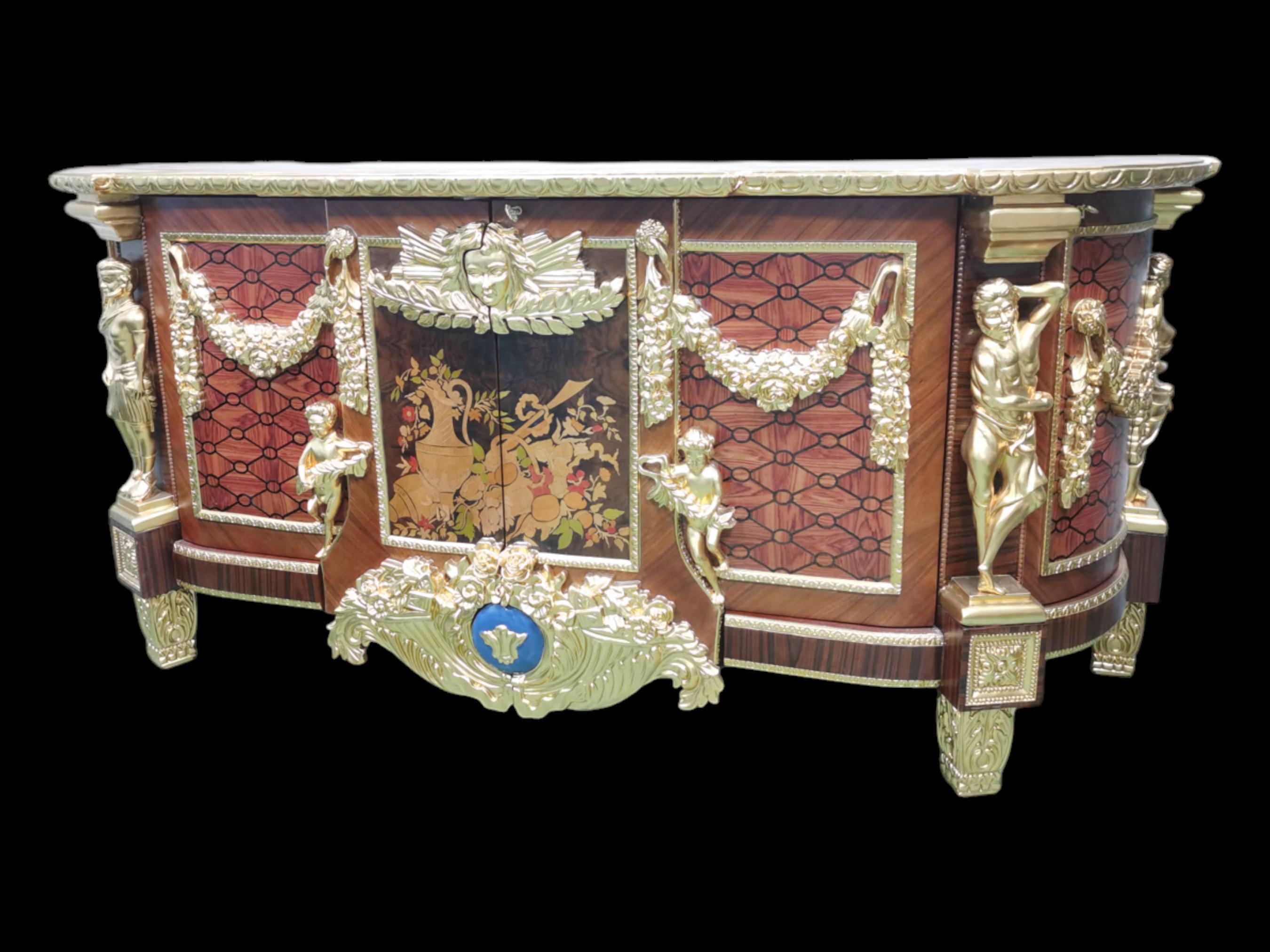 Chinese Large King Louis Figural Floral Ormolu Style Hand Carved Side Table