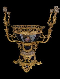 Large King Louis Style Cobalt Blue & Gold Gilted Floral Six Arm Candelabra Bowl