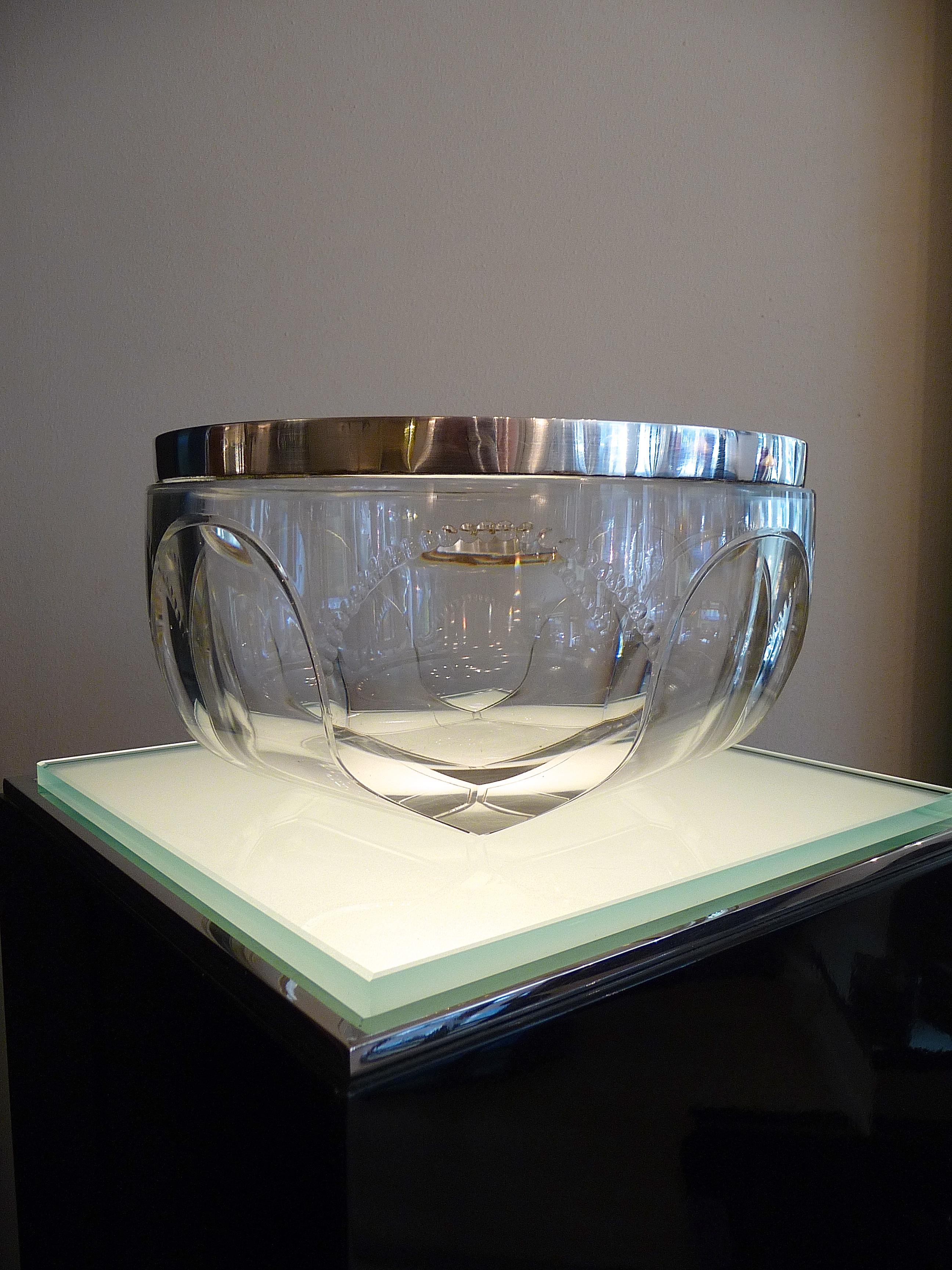French Art Deco Large Faceted Crystal Bowl with Silvered Frame by Kirby Beard and Co. For Sale