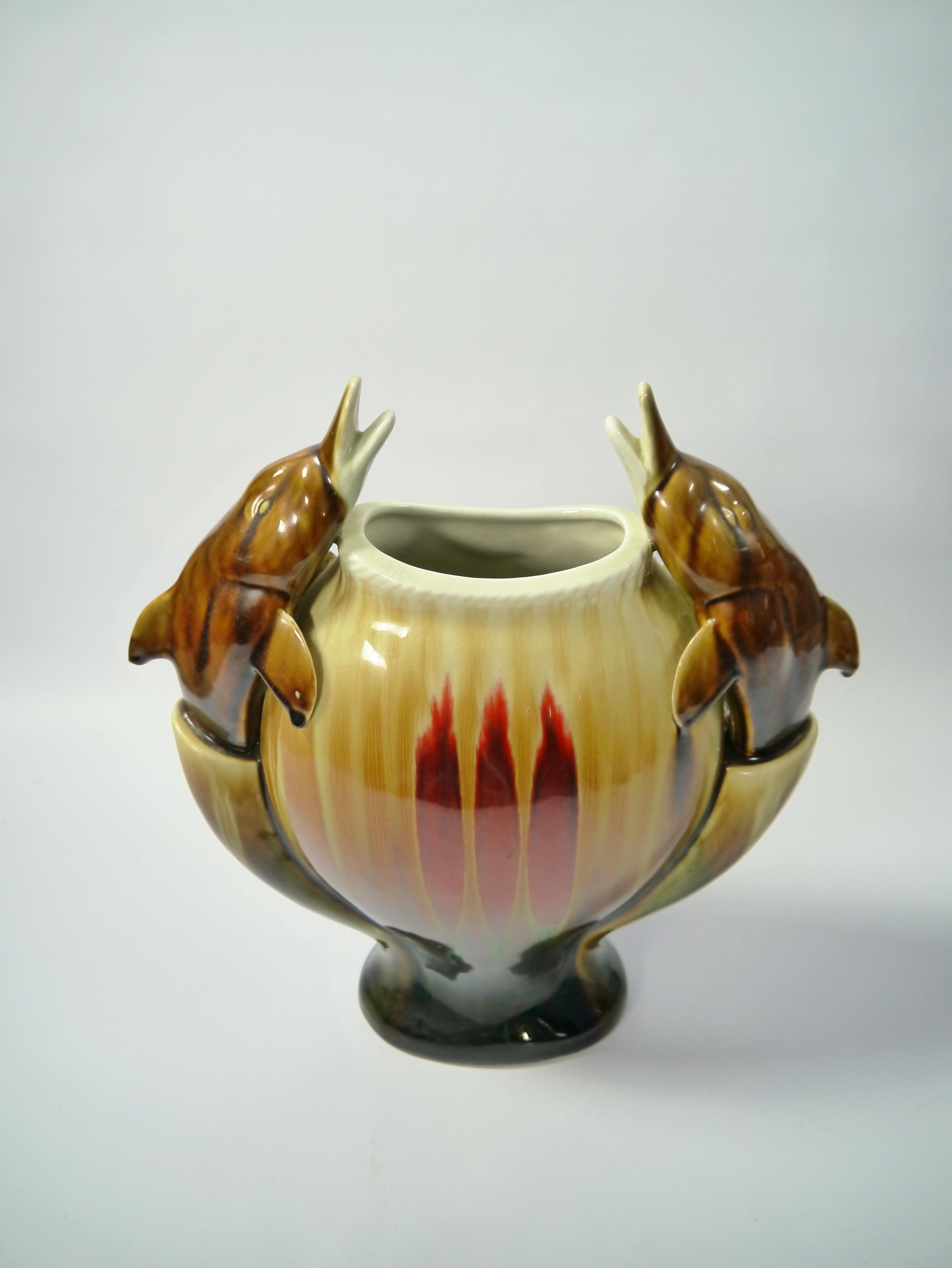 20th Century Large Kitschy Dolphin Ornamented Chinese Porcelain Vase, 1950s For Sale