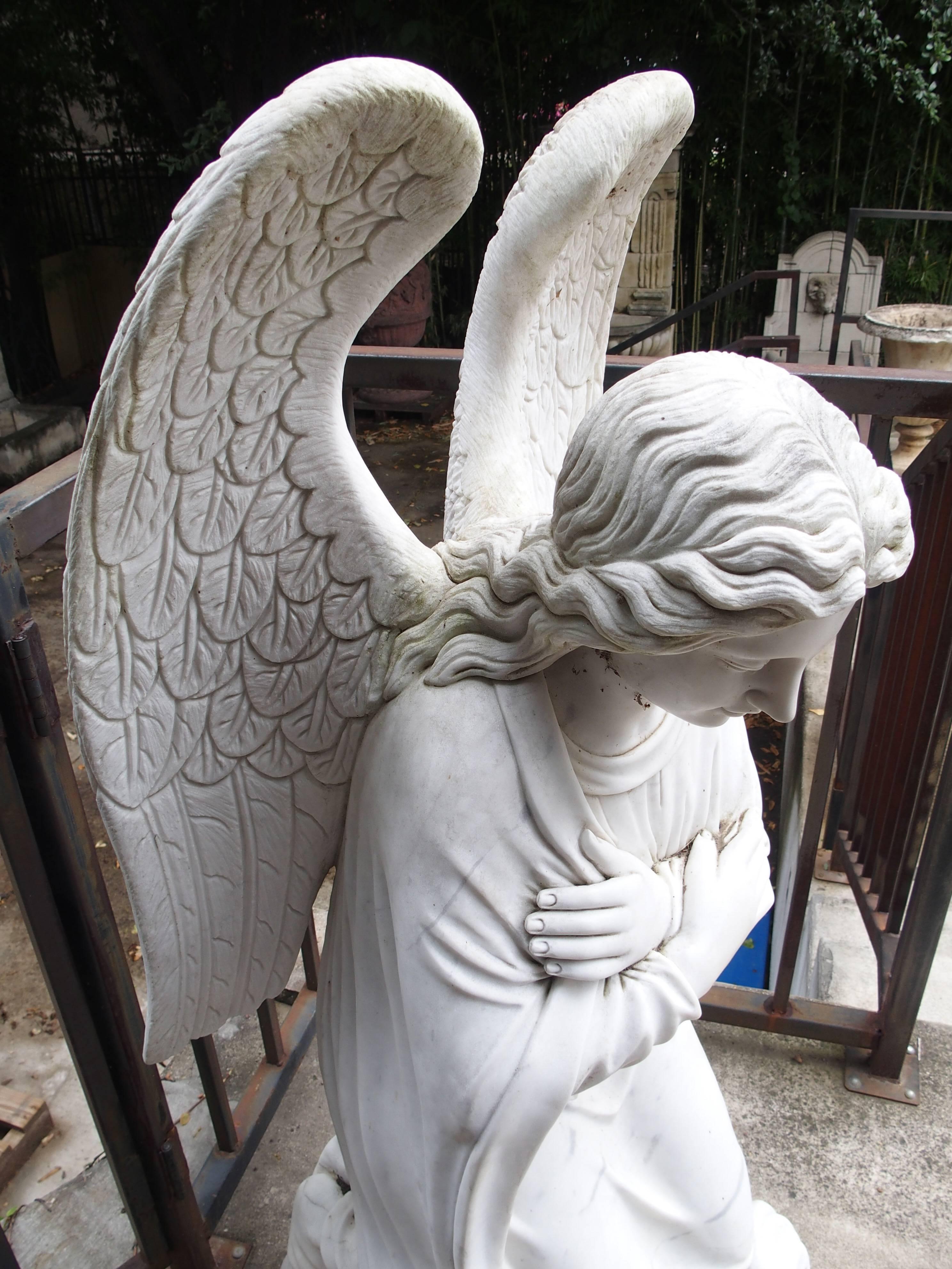 Hand-Carved Large Kneeling Angel Statue in Carved Marble