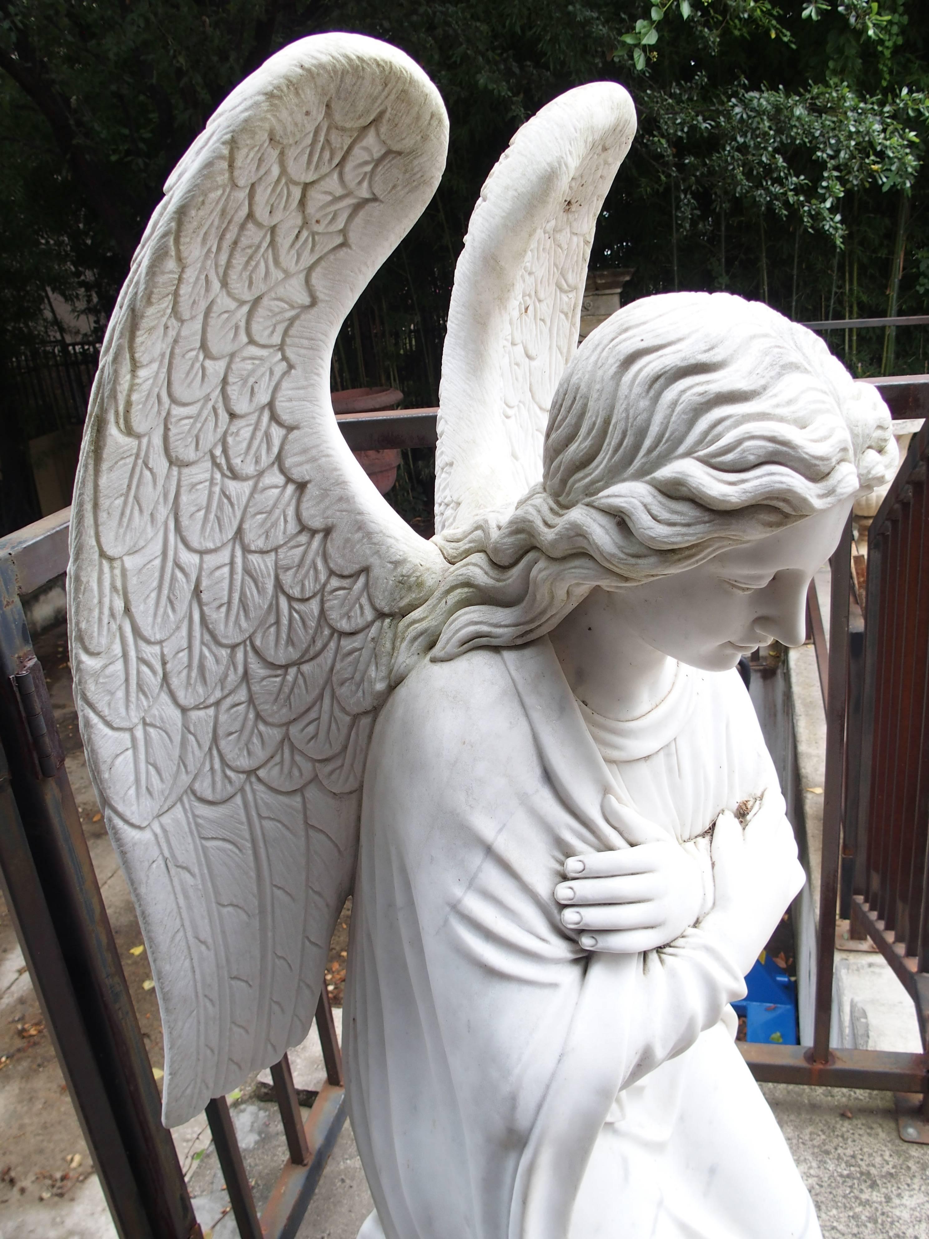 20th Century Large Kneeling Angel Statue in Carved Marble