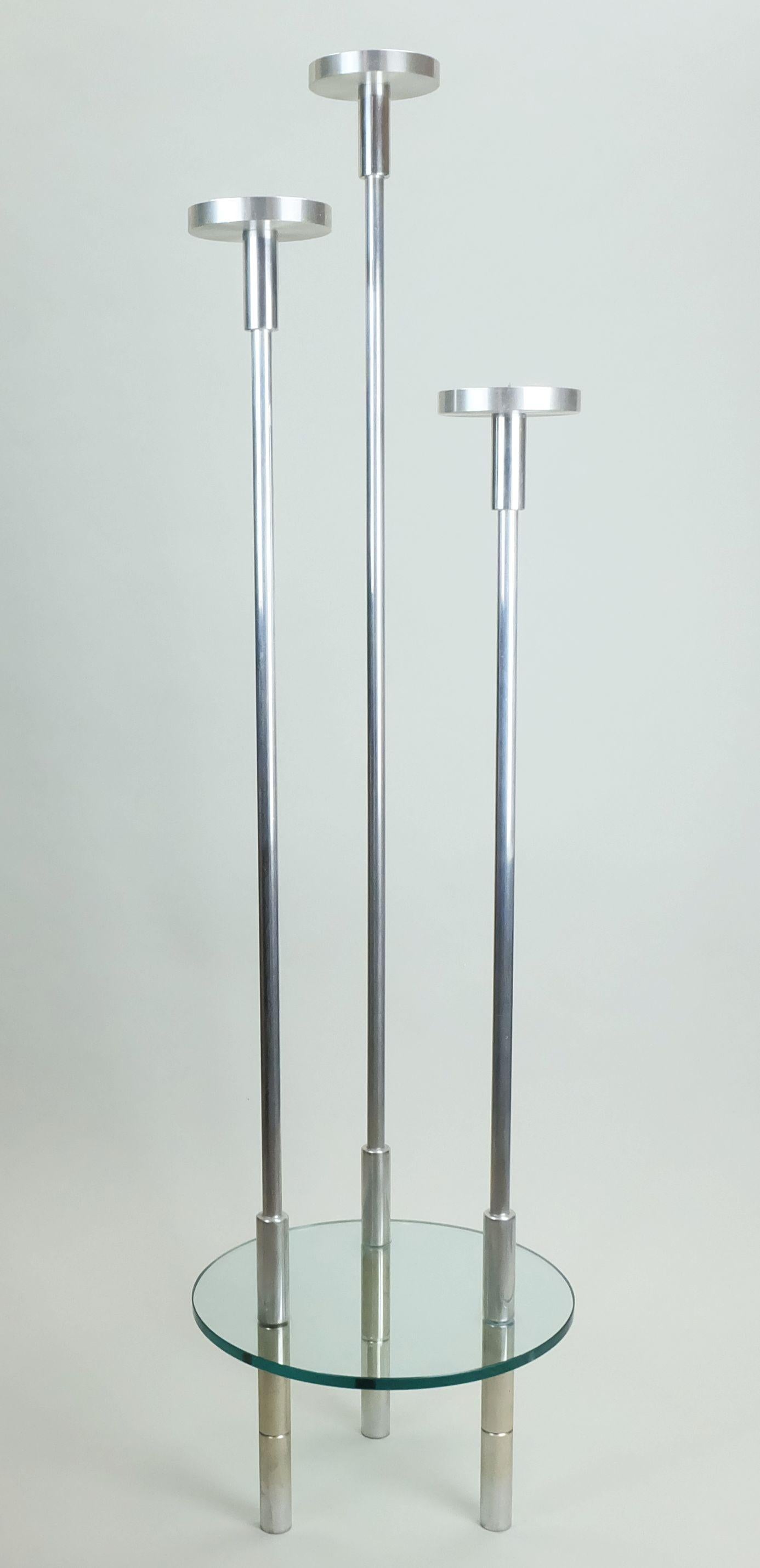 Space Age large knut hesterberg CANDLE HOLDER candelabra stainless steel and glass 1970s For Sale