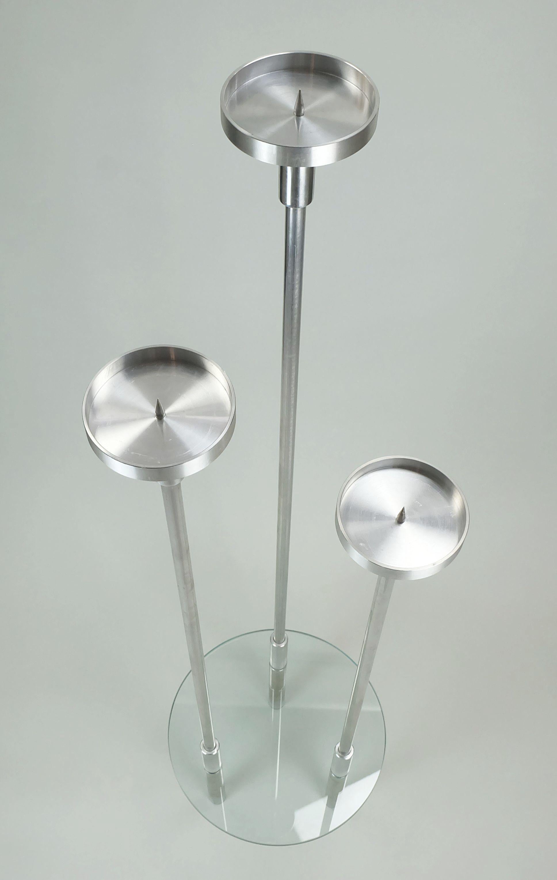 Stainless Steel large knut hesterberg CANDLE HOLDER candelabra stainless steel and glass 1970s For Sale