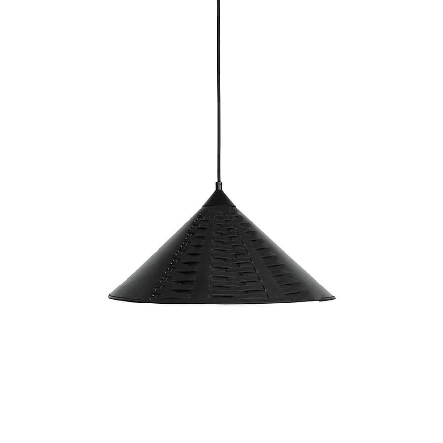 Koni Lamp is made of a single sheet of vegetable-tanned leather that is woven into a solid conical shape.
 
Traditionally, leather was woven for both decoration and reinforcement of the material. A flexible and soft material is made firm enough